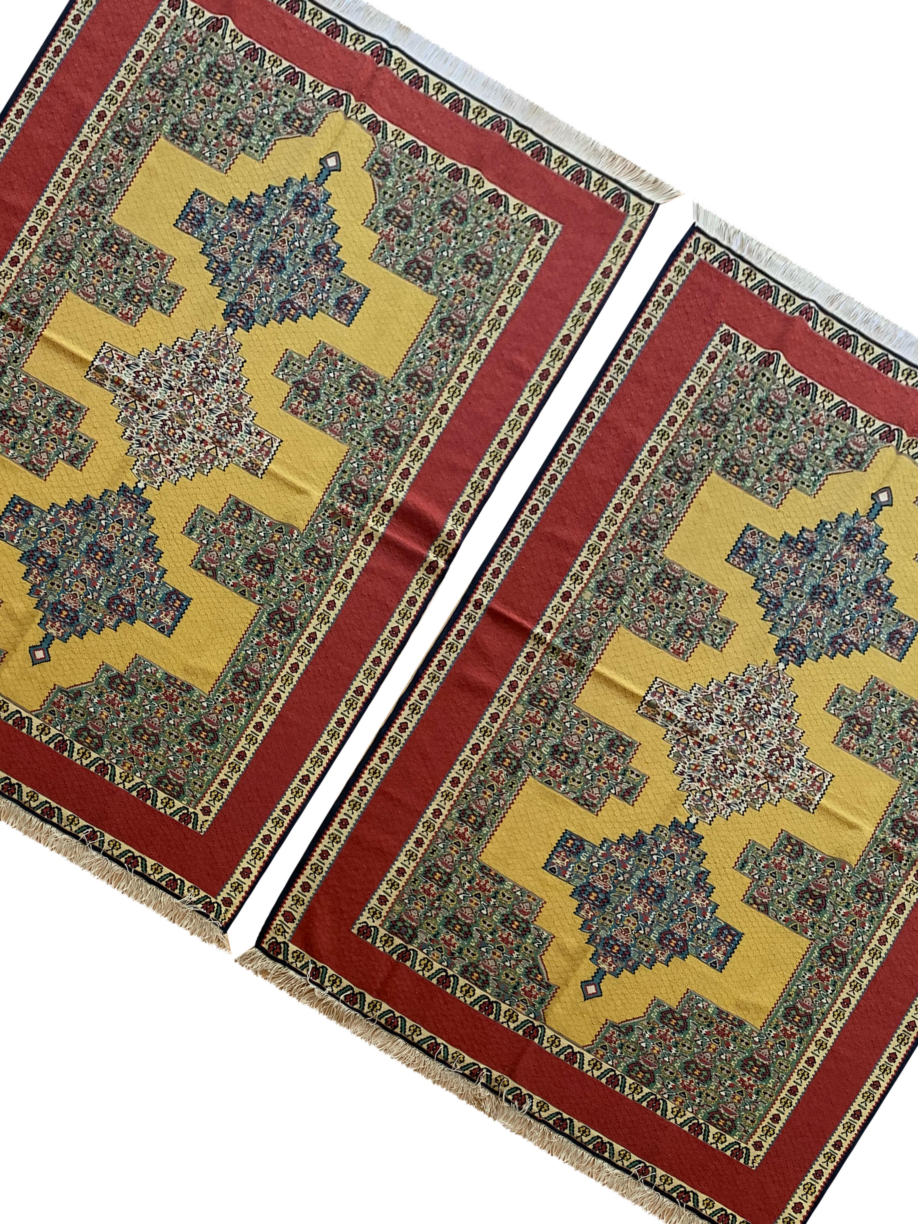 Pair Geometric Kilim Rugs Handwoven Kurdish Yellow Red Wool Silk Rug  For Sale 5