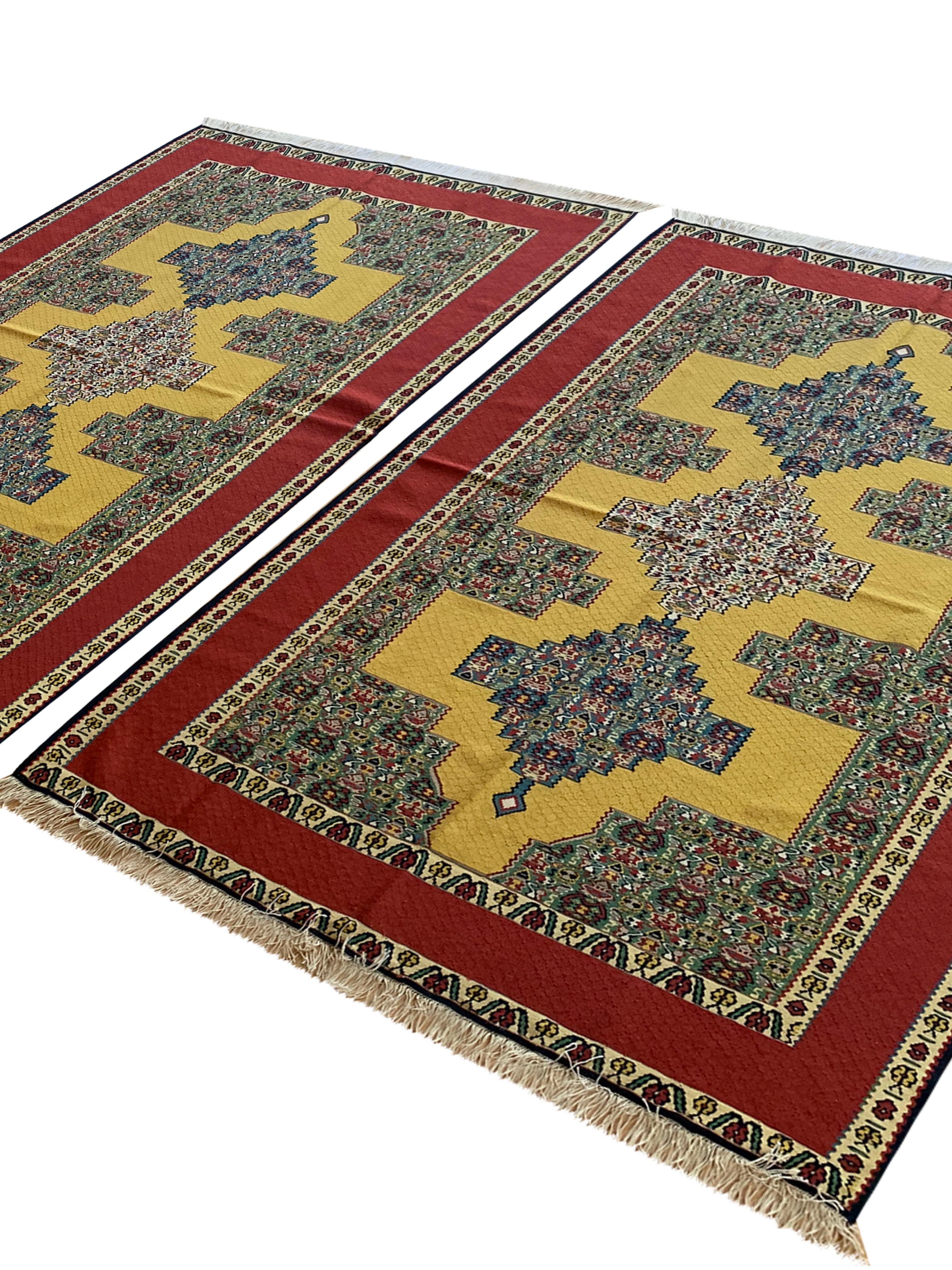 Pair Geometric Kilim Rugs Handwoven Kurdish Yellow Red Wool Silk Rug  For Sale 6