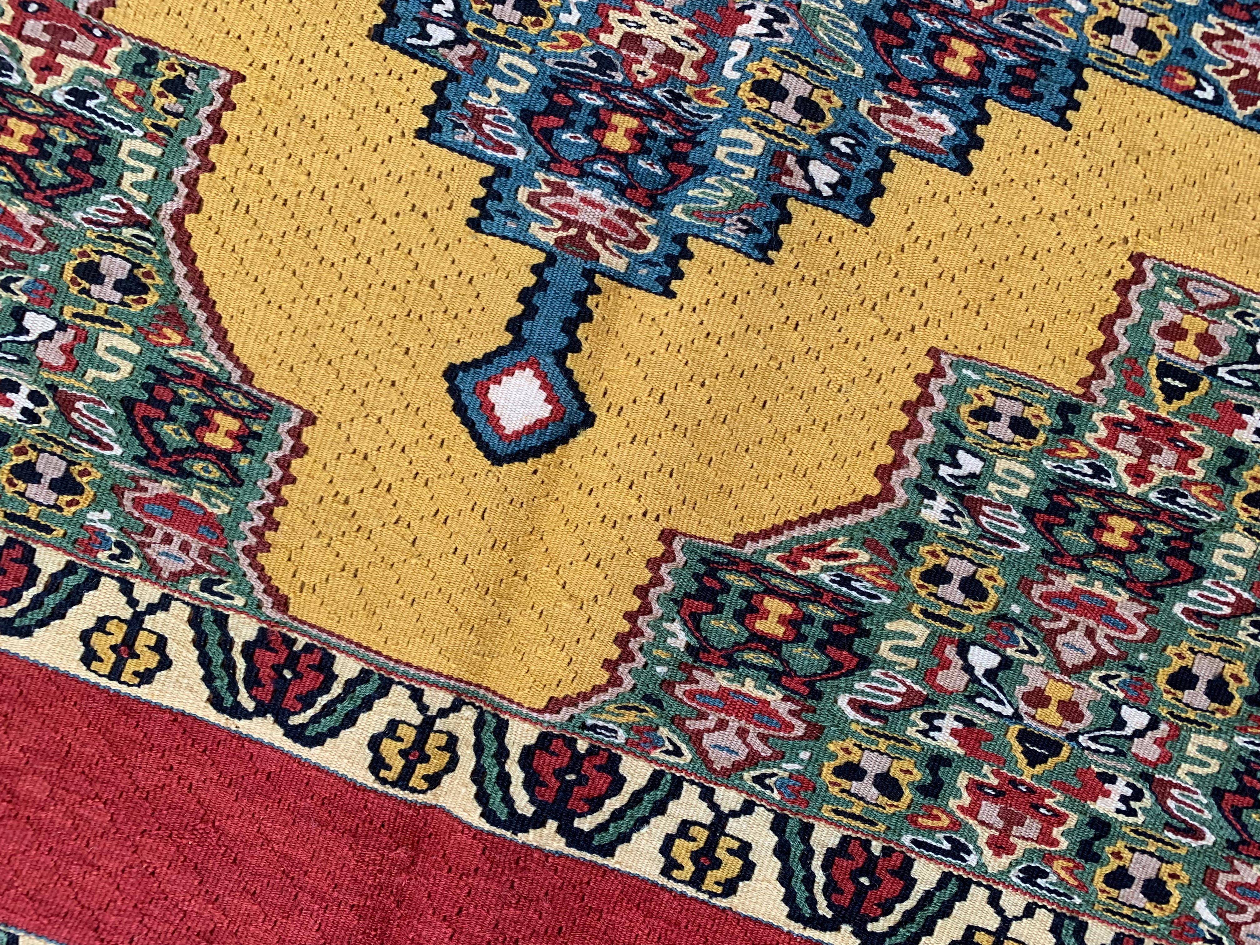 Iraqi Pair Geometric Kilim Rugs Handwoven Kurdish Yellow Red Wool Silk Rug  For Sale