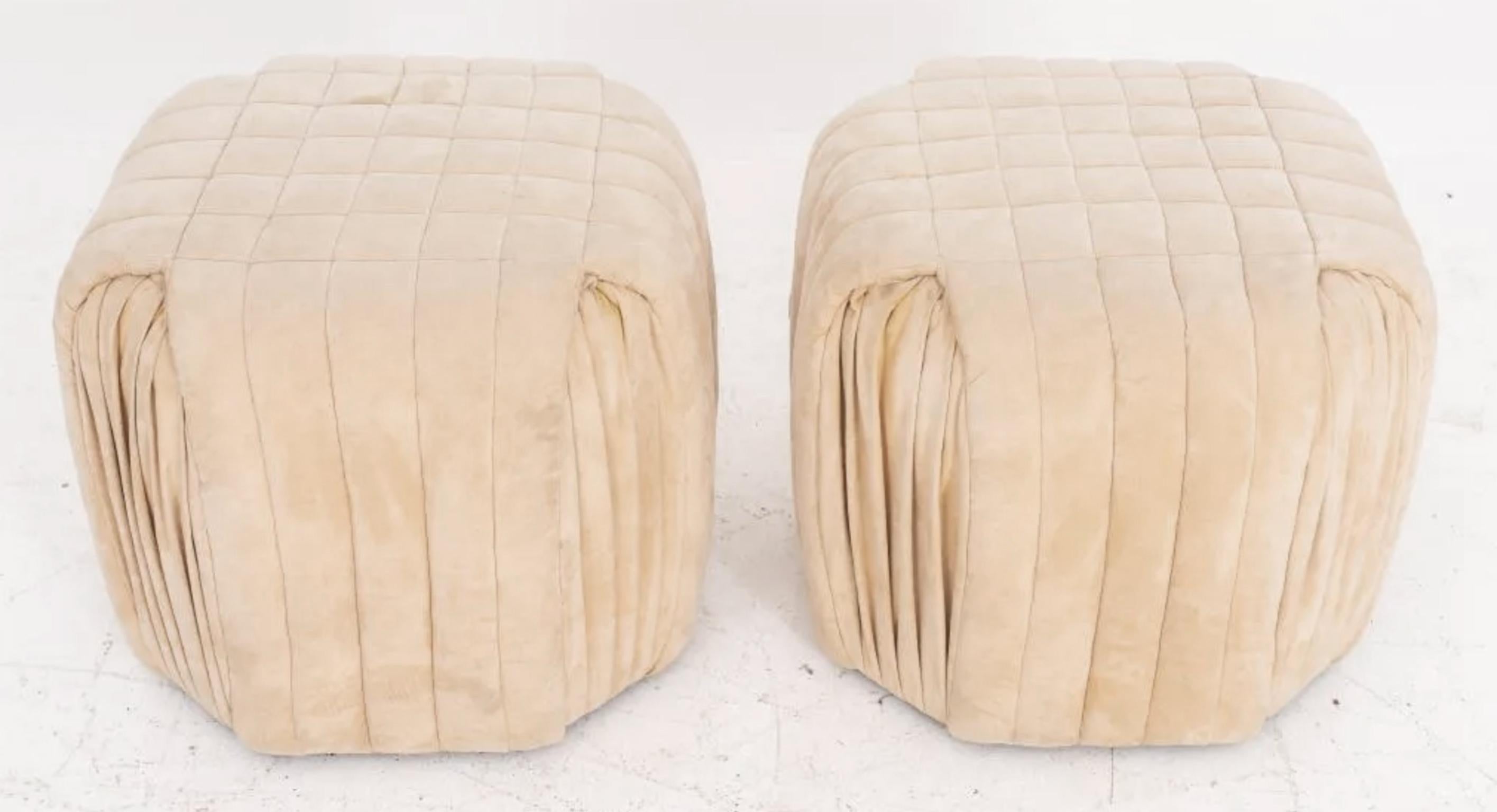 Pair Geometric Pleated Mid-Century Modern Beige Suede Poufs Ottomans or Stools In Good Condition In BROOKLYN, NY