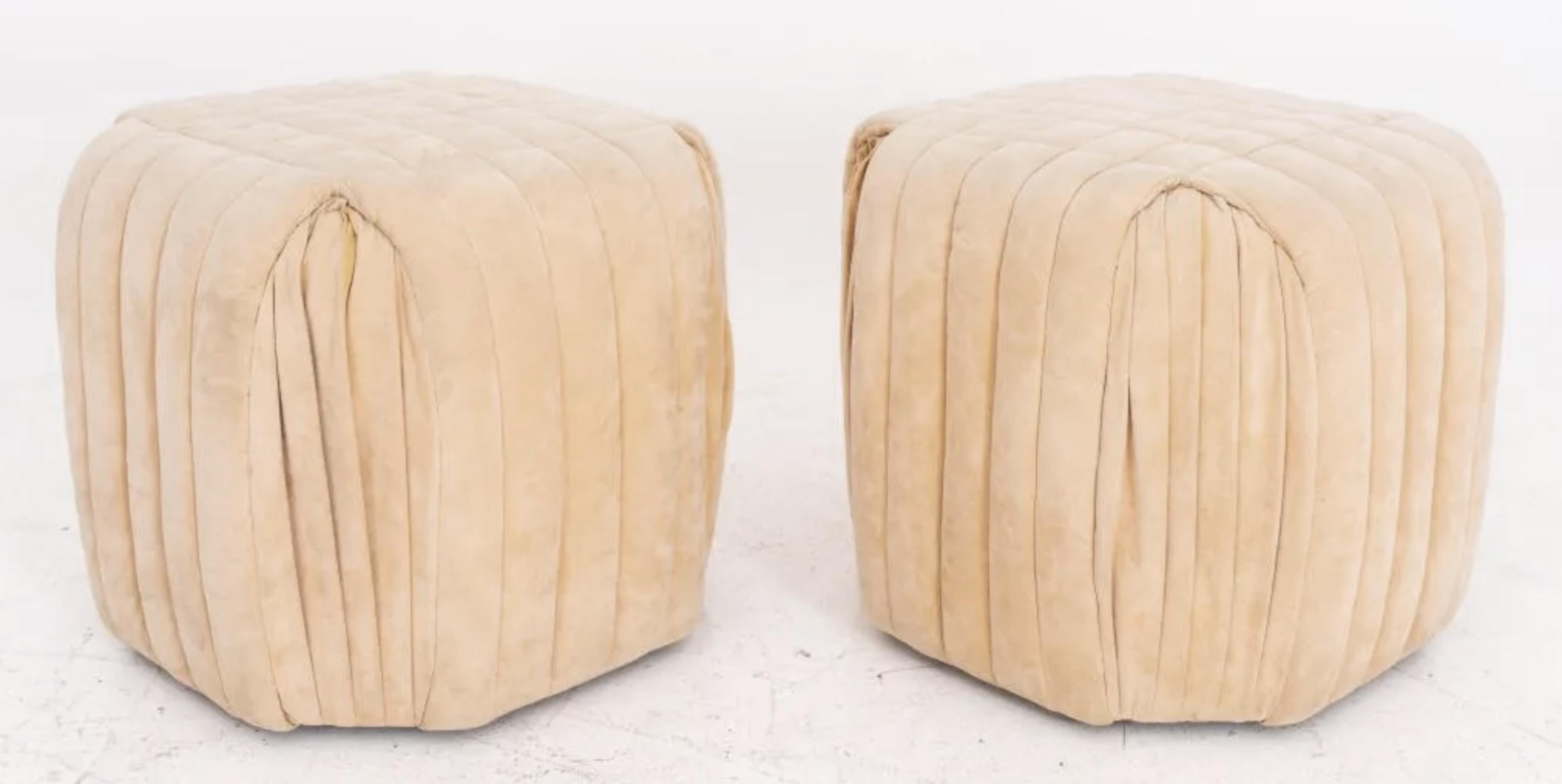 20th Century Pair Geometric Pleated Mid-Century Modern Beige Suede Poufs Ottomans or Stools