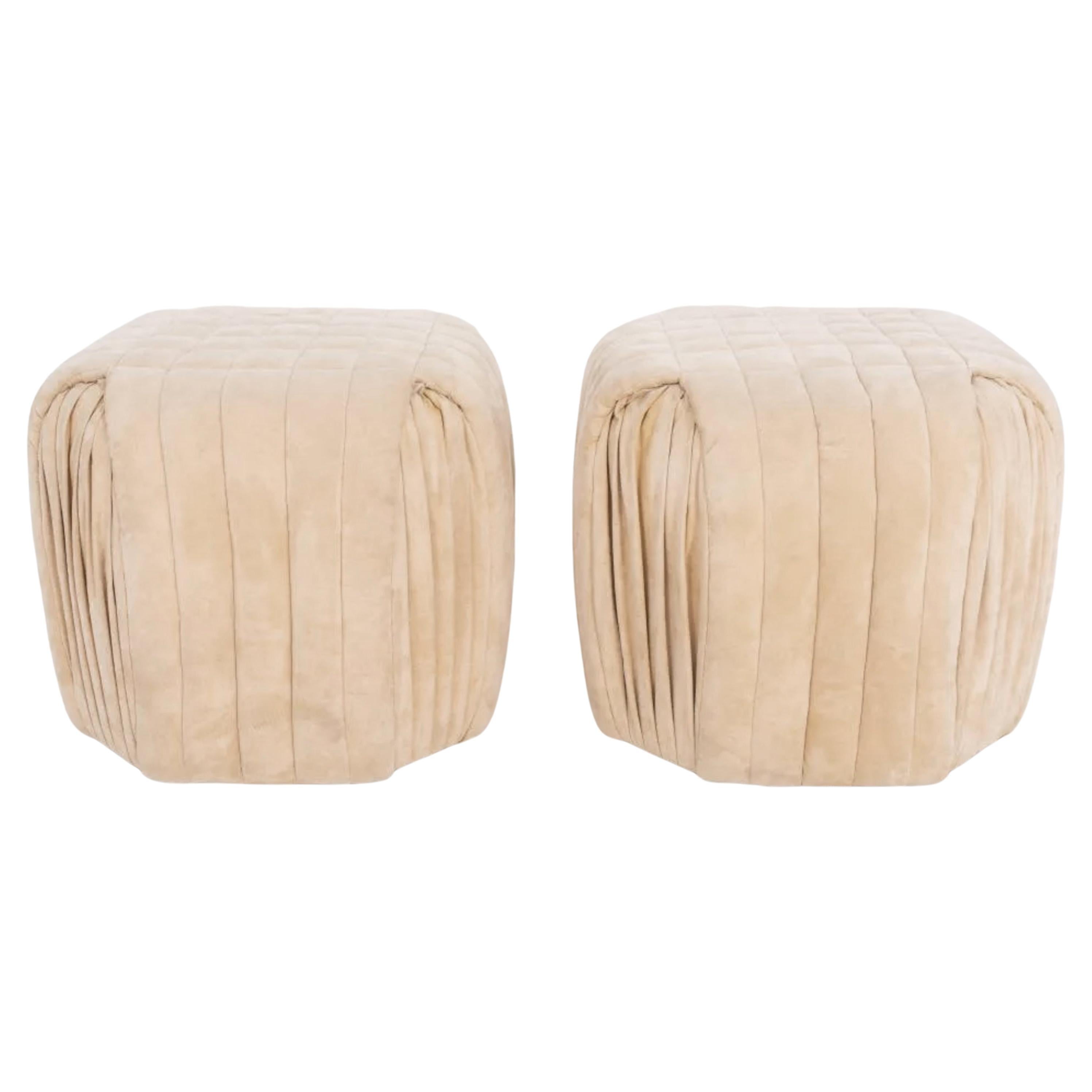 Pair Geometric Pleated Mid-Century Modern Beige Suede Poufs Ottomans or Stools