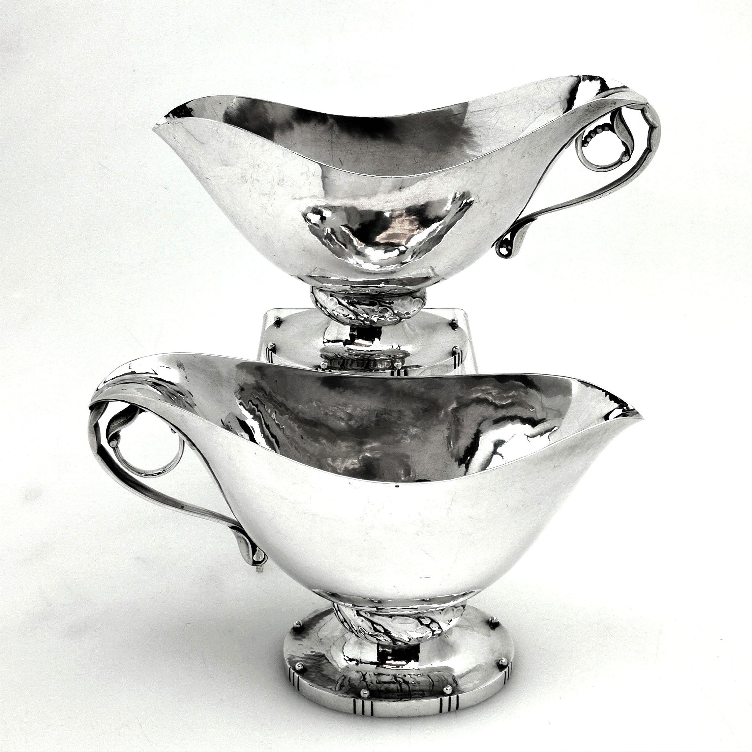 Danish Pair Georg Jensen Solid Silver Sauce Boats / Gravy Jugs Denmark C. 1945-77 For Sale