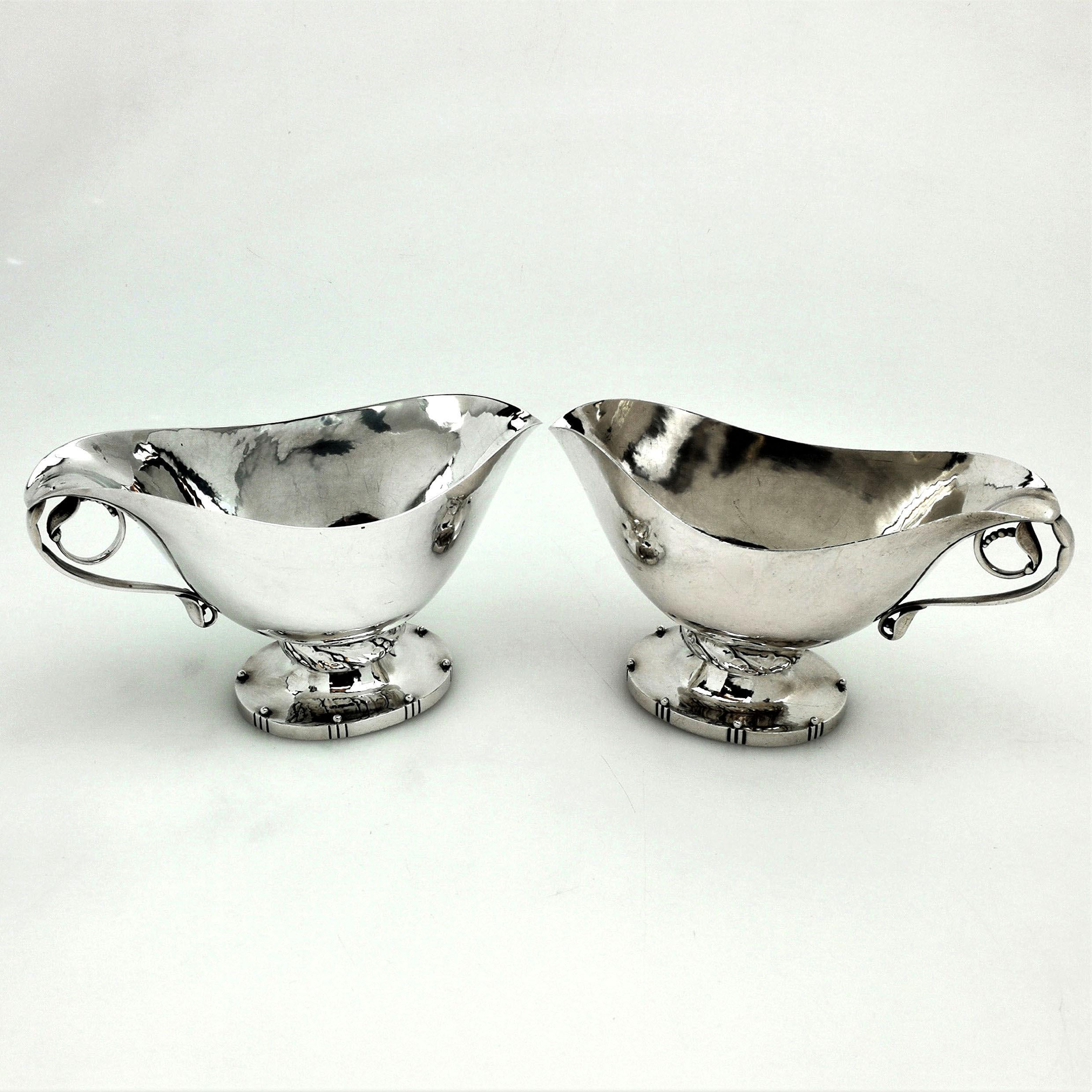 20th Century Pair Georg Jensen Solid Silver Sauce Boats / Gravy Jugs Denmark C. 1945-77 For Sale