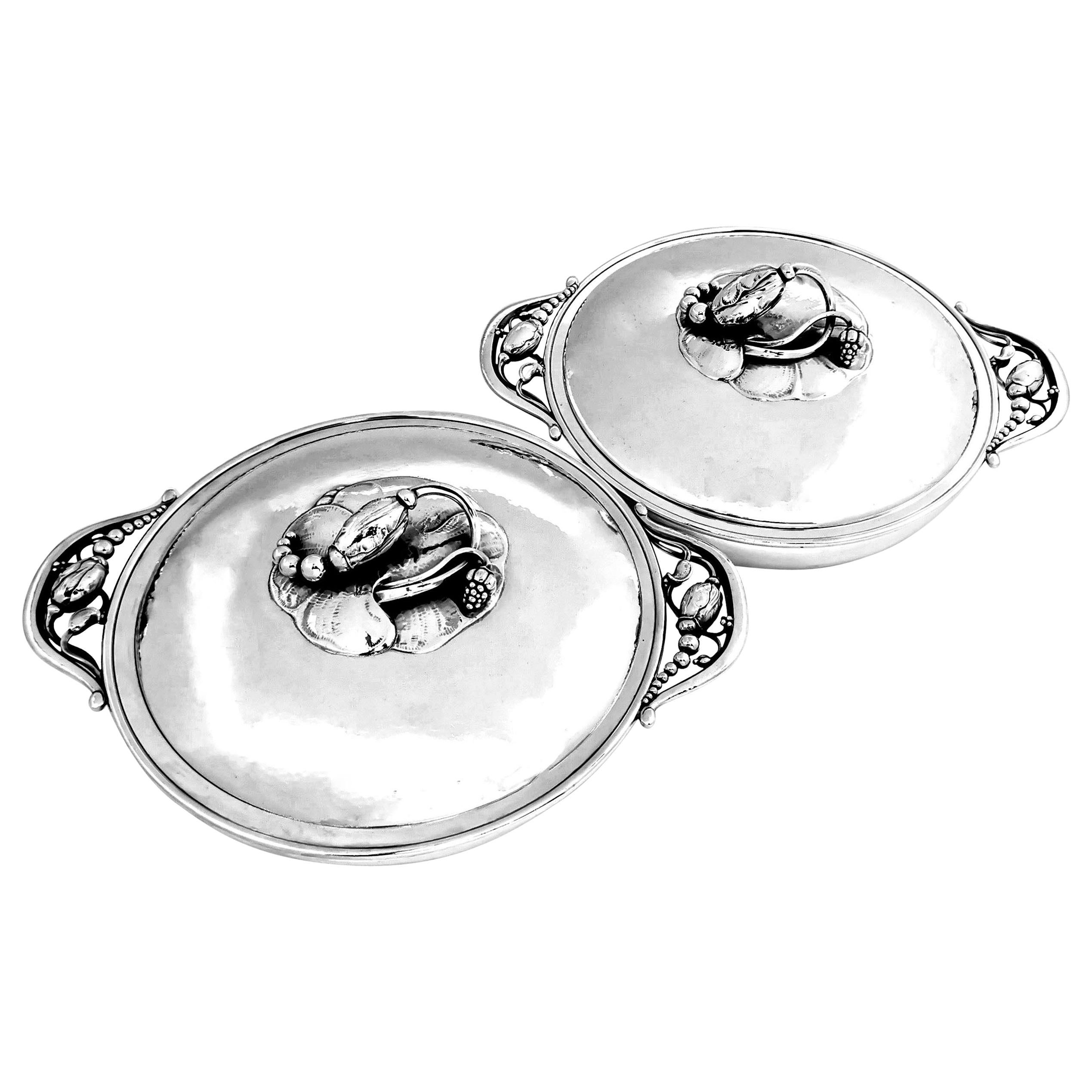 Pair of Georg Jensen Silver Blossom Vegetable Entree Dishes Tureens 2A c. 1905
