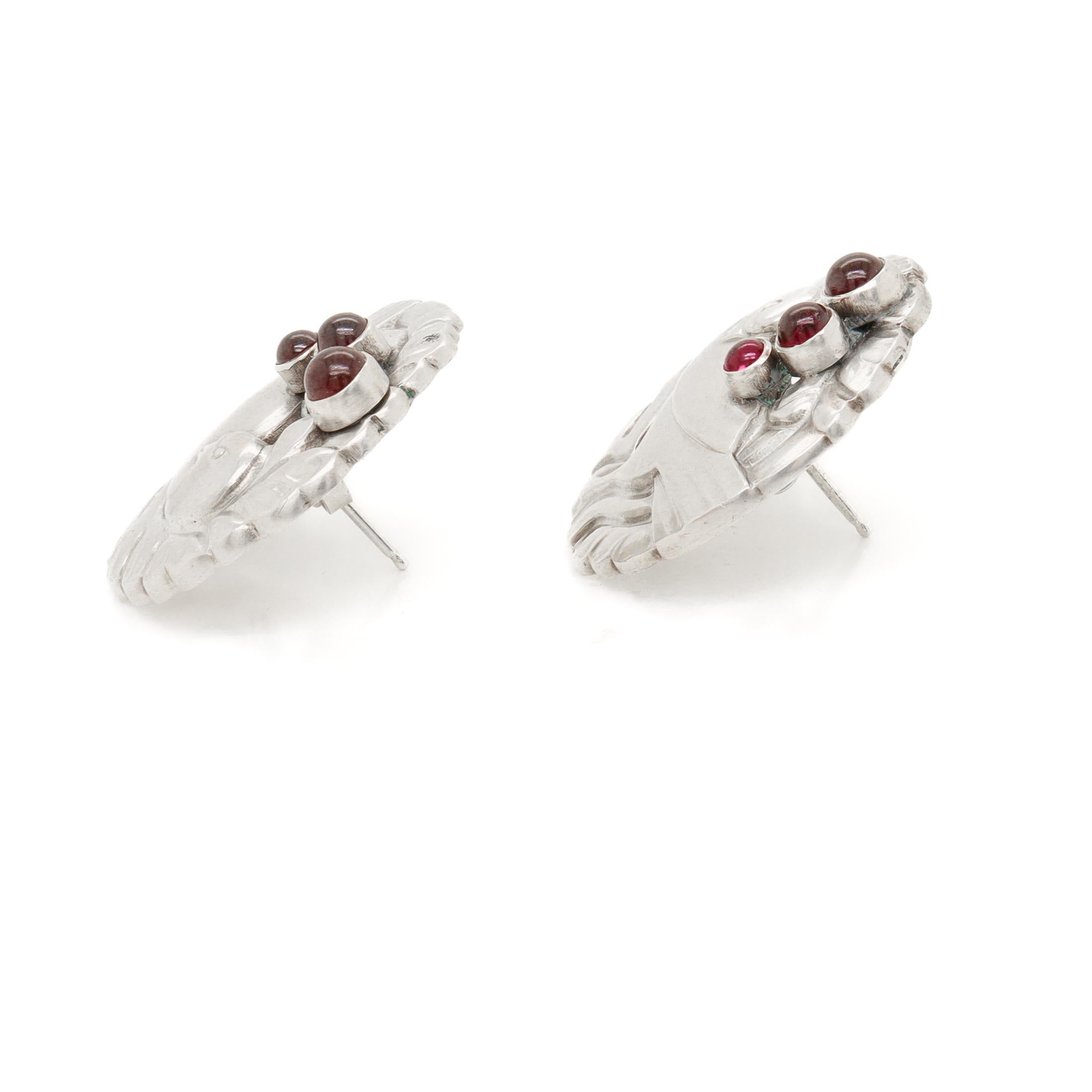 Pair Georg Jensen Sterling Silver & Garnet Gemstone Cabochon Dove Earrings No 66 in vendita 2