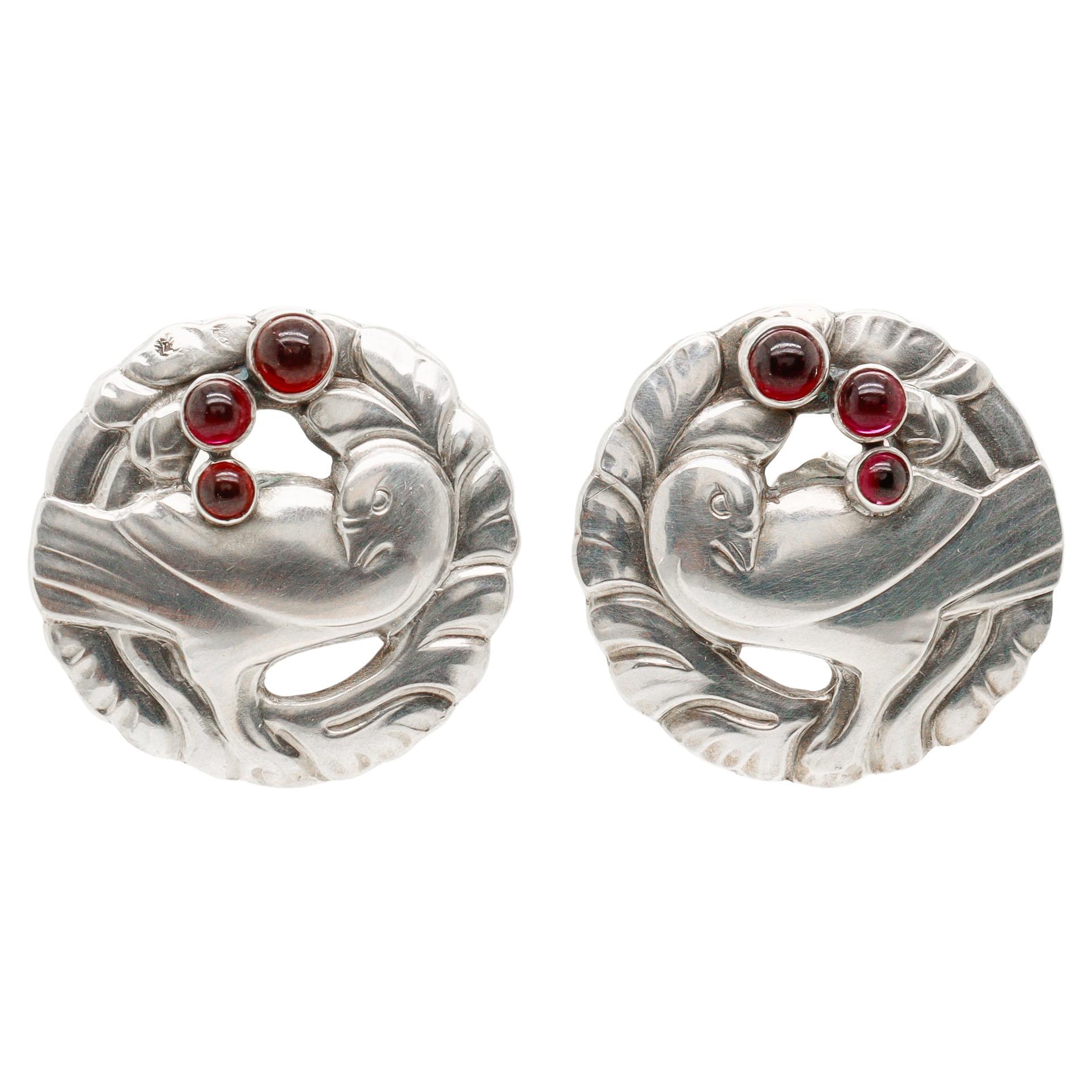 Pair Georg Jensen Sterling Silver & Garnet Gemstone Cabochon Dove Earrings No 66
