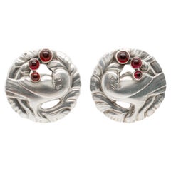 Pair Georg Jensen Sterling Silver & Garnet Gemstone Cabochon Dove Earrings No 66