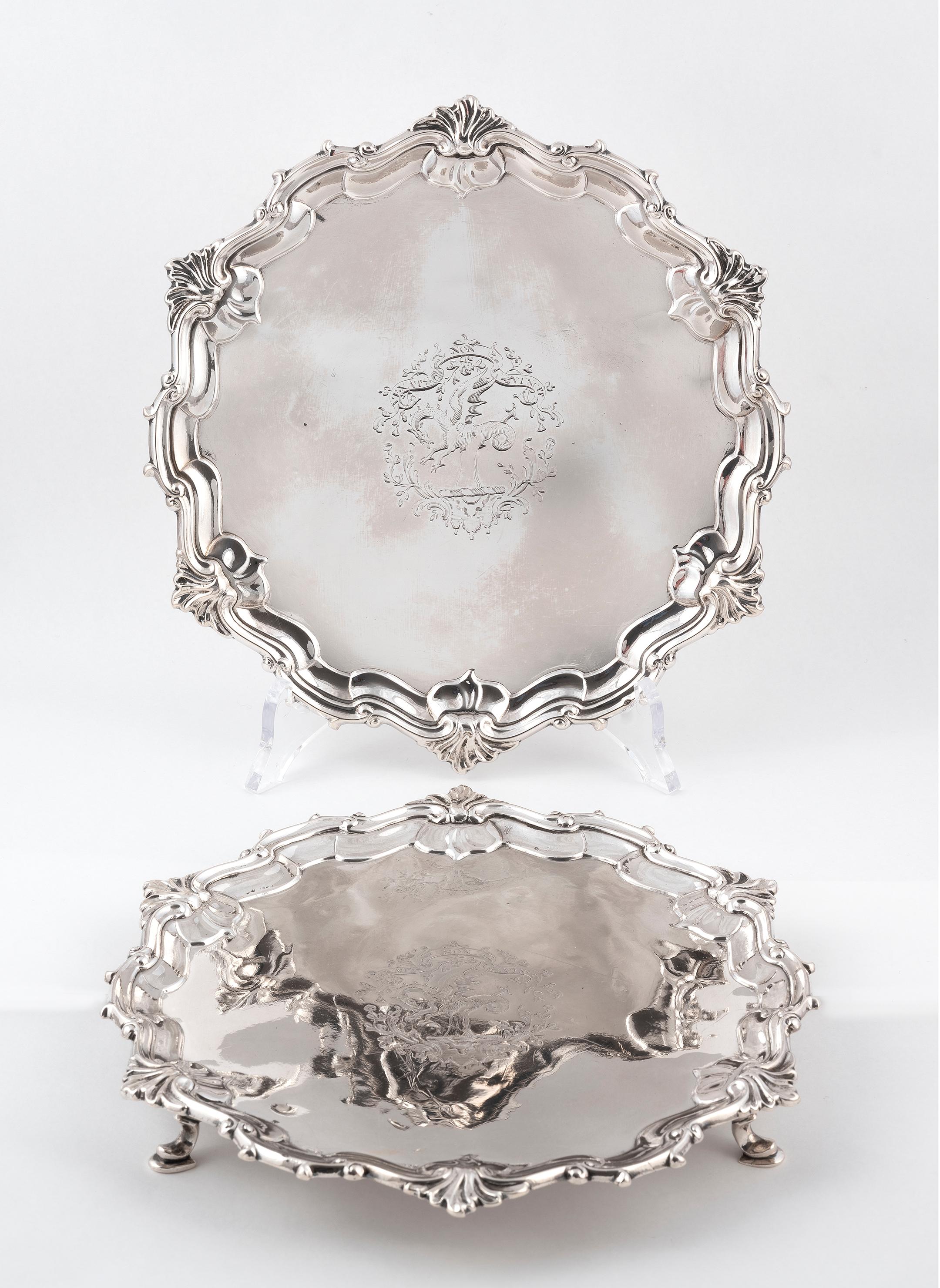 Carved Pair of George II Silver Salver by Alexander Johnston, London, 1759