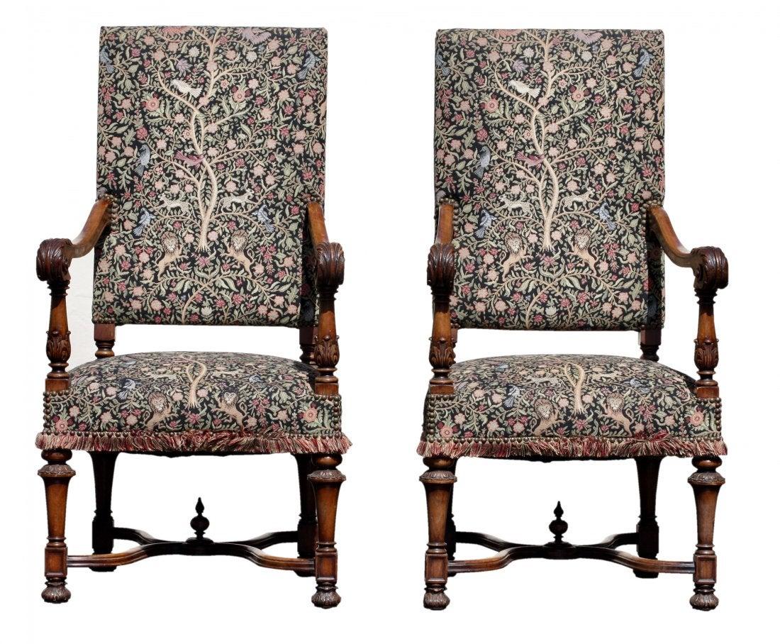 Canvas  Pair George II Style Carved Walnut Library Arm Chairs  For Sale