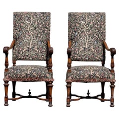  Pair George II Style Carved Walnut Library Arm Chairs 