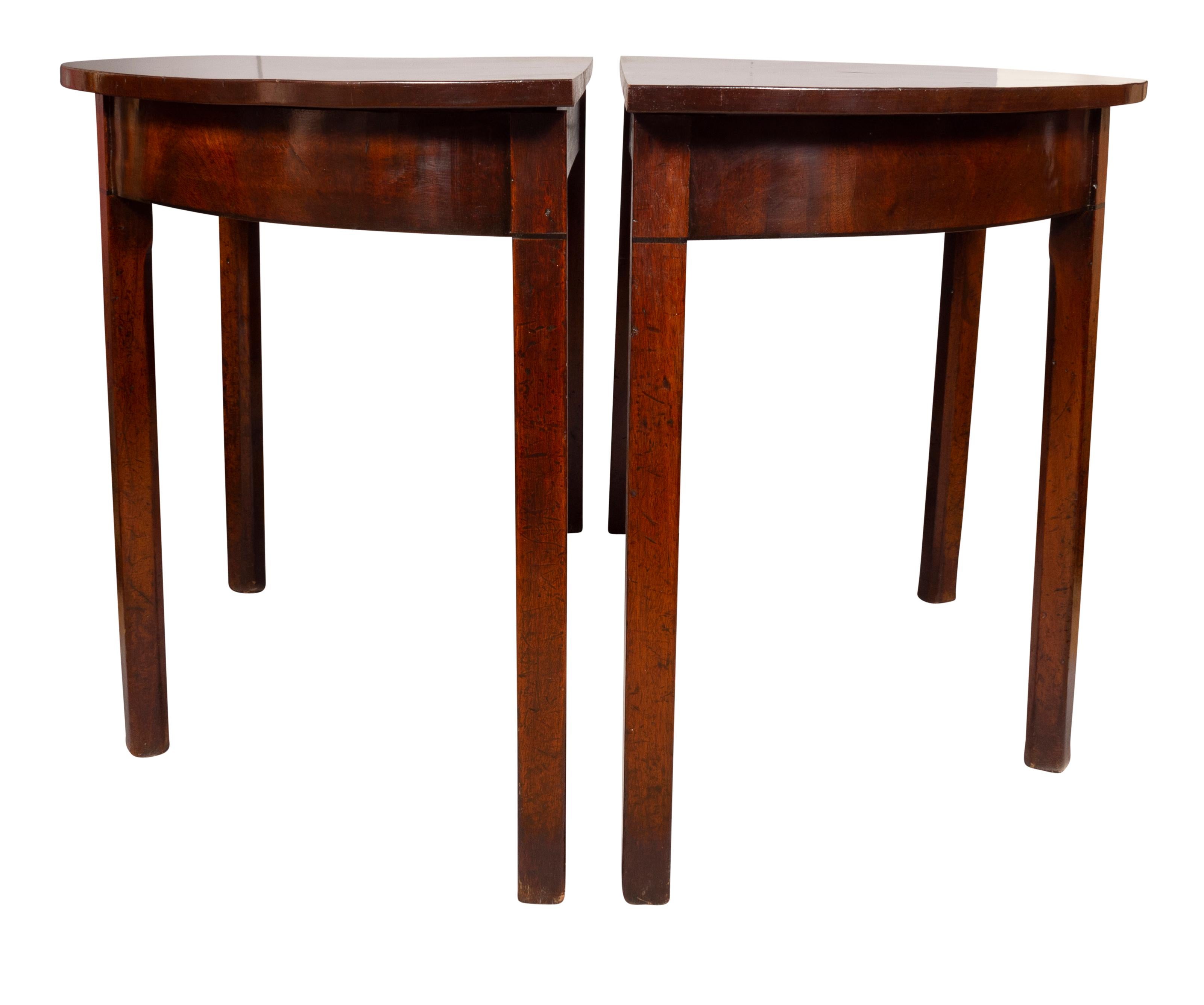English Pair George III Mahogany Demilune Console Tables For Sale