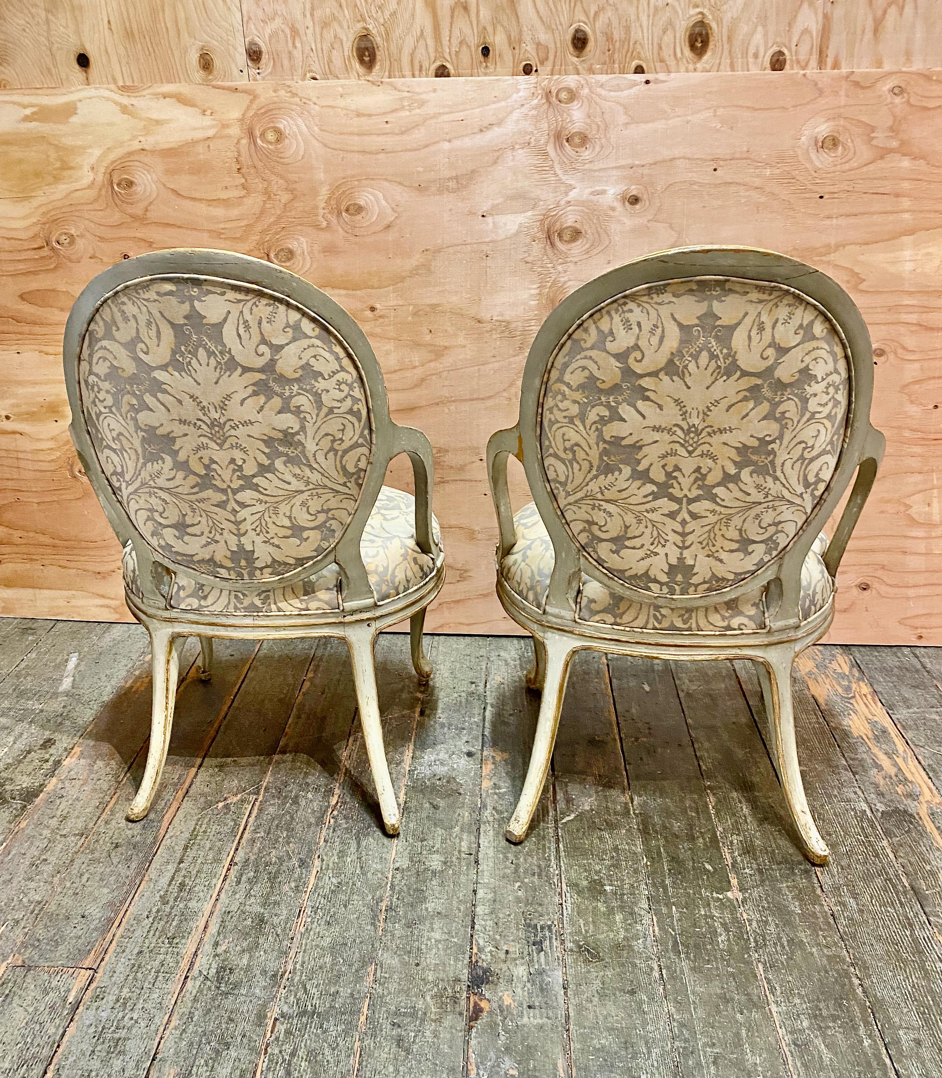 Pair George III Open Arm Chairs, Vintage Fortuny Upholstery For Sale 11