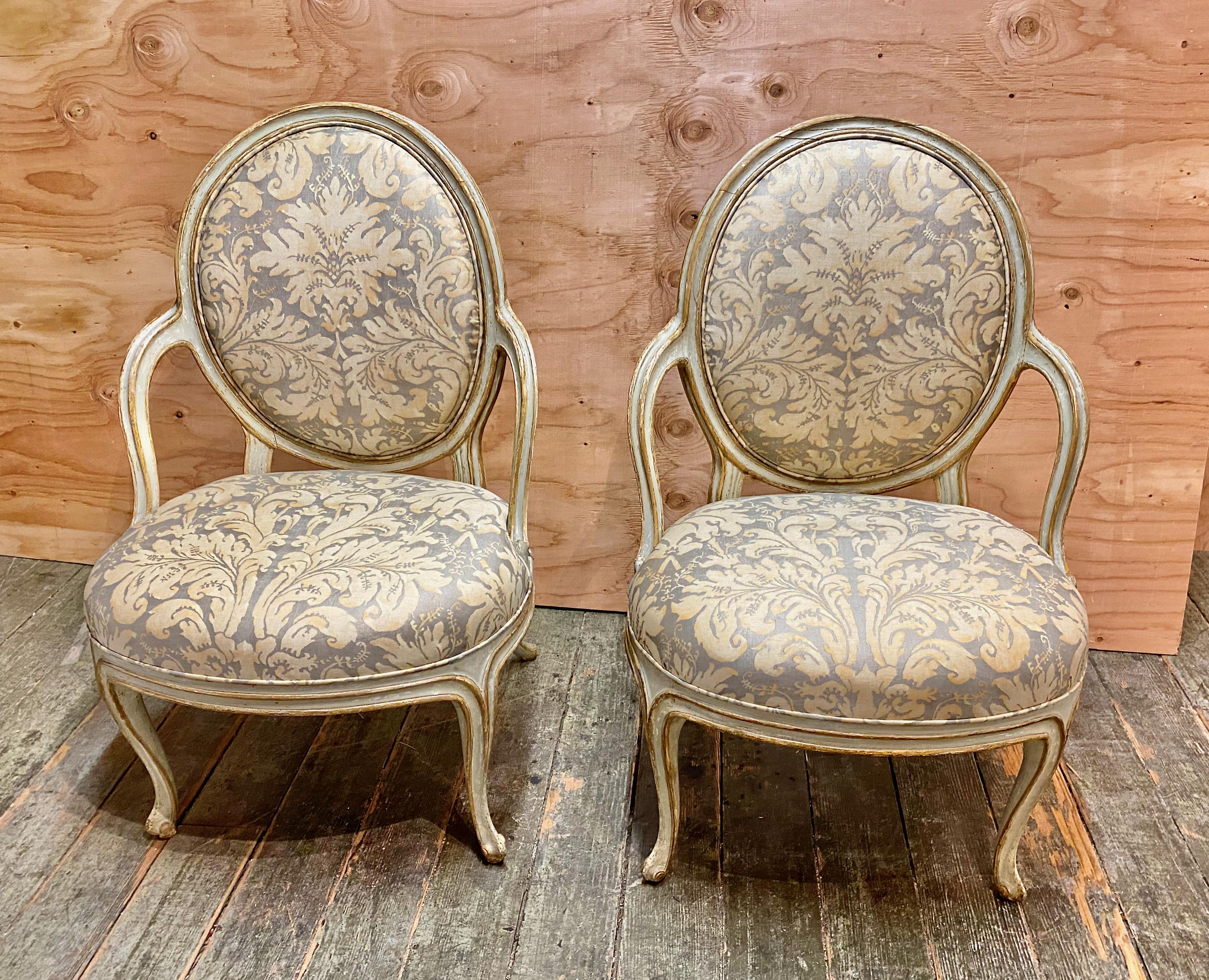 Pair George III Open Arm Chairs, Vintage Fortuny Upholstery For Sale 12