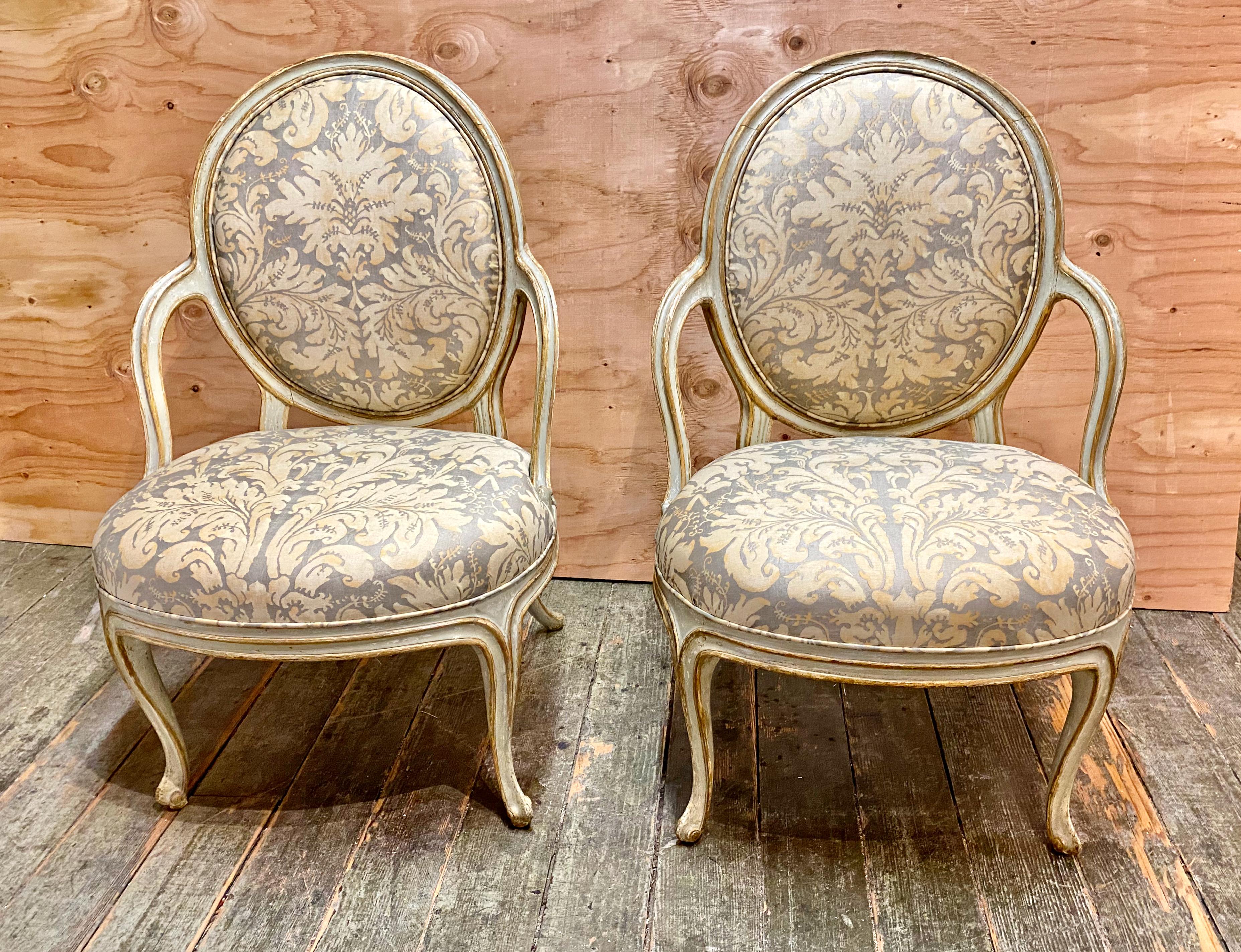 Pair George III Open Arm Chairs, Vintage Fortuny Upholstery For Sale 13