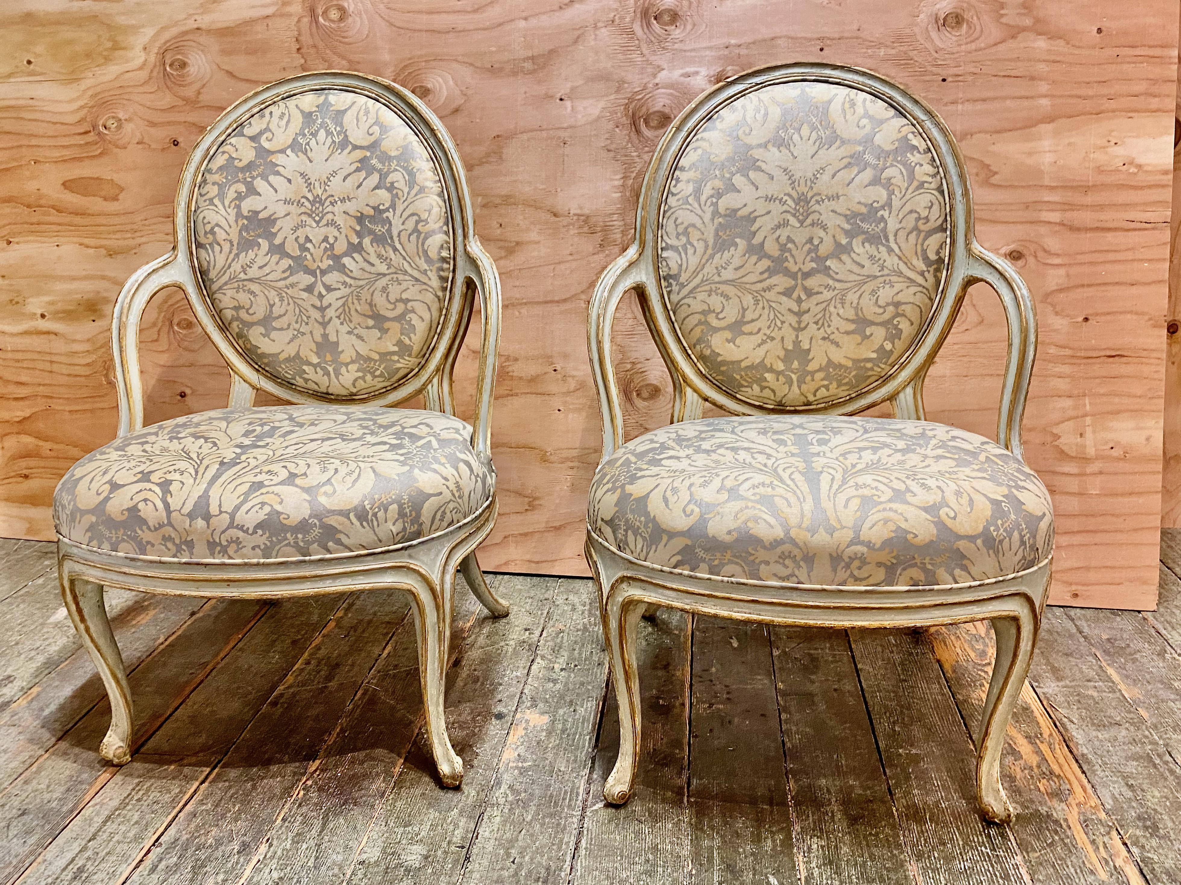 Pair George III Open Arm Chairs, Vintage Fortuny Upholstery For Sale 2