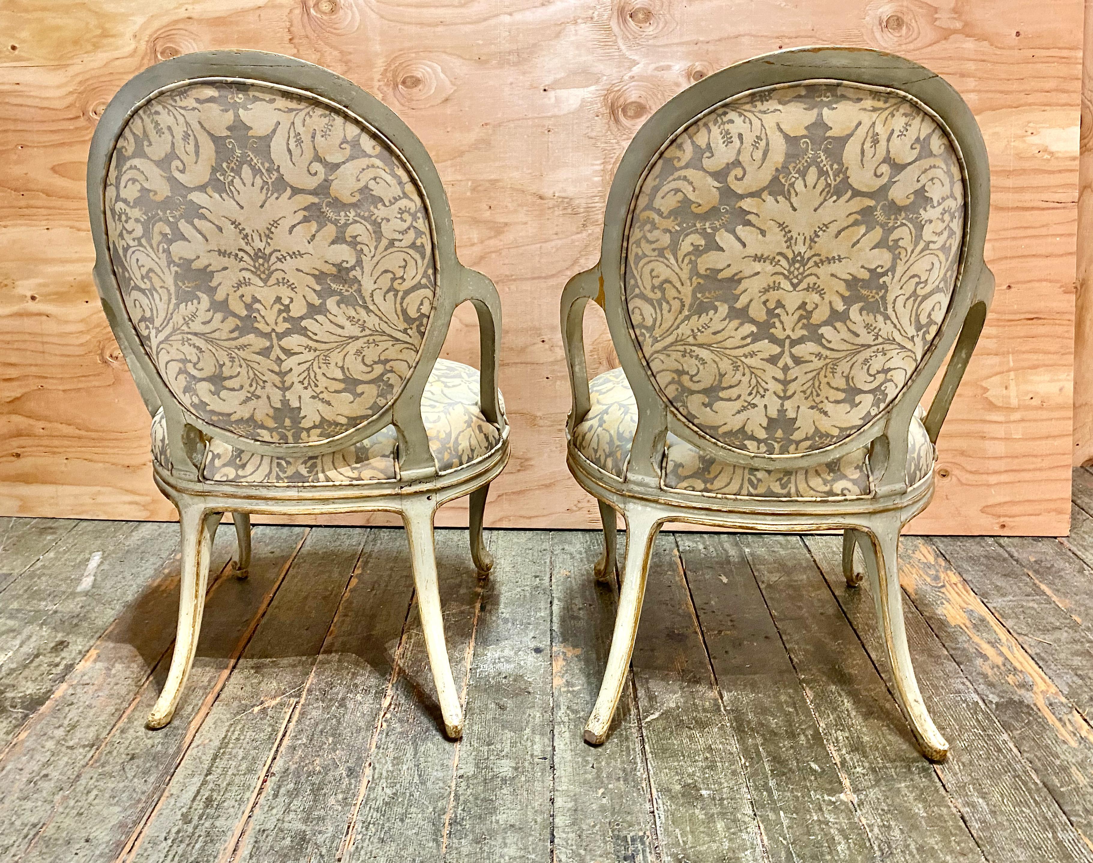 Pair George III Open Arm Chairs, Vintage Fortuny Upholstery For Sale 4