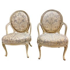 Pair George III Open Arm Chairs, Vintage Fortuny Upholstery