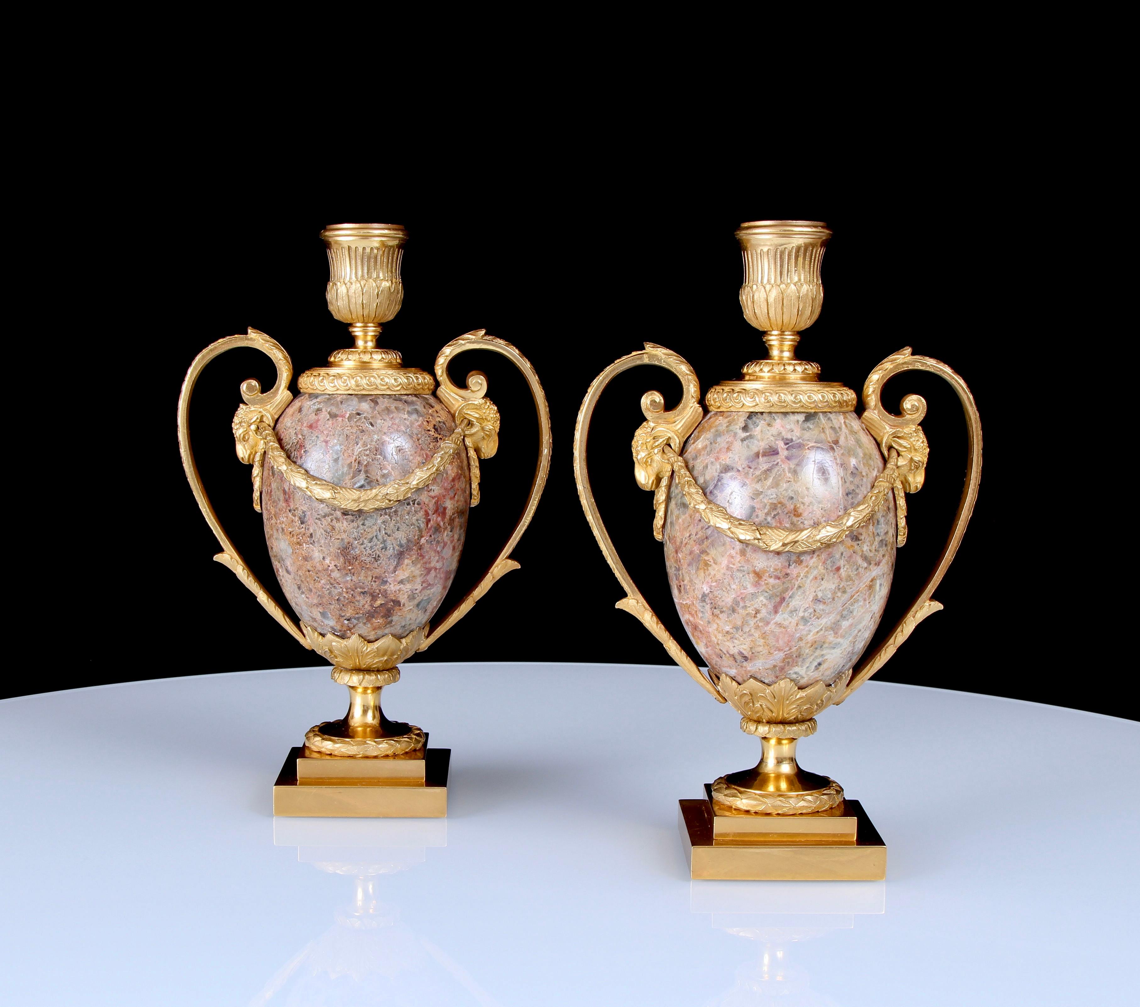 Highly Important & Rare Pair Late 18th Century Ormolu Mounted English Barite Included Fluorspar Cassolettes Firmly Attributed To Matthew Boulton. 

The stone within this magnificent pair is incredibly rare, Boulton was known for using unique English