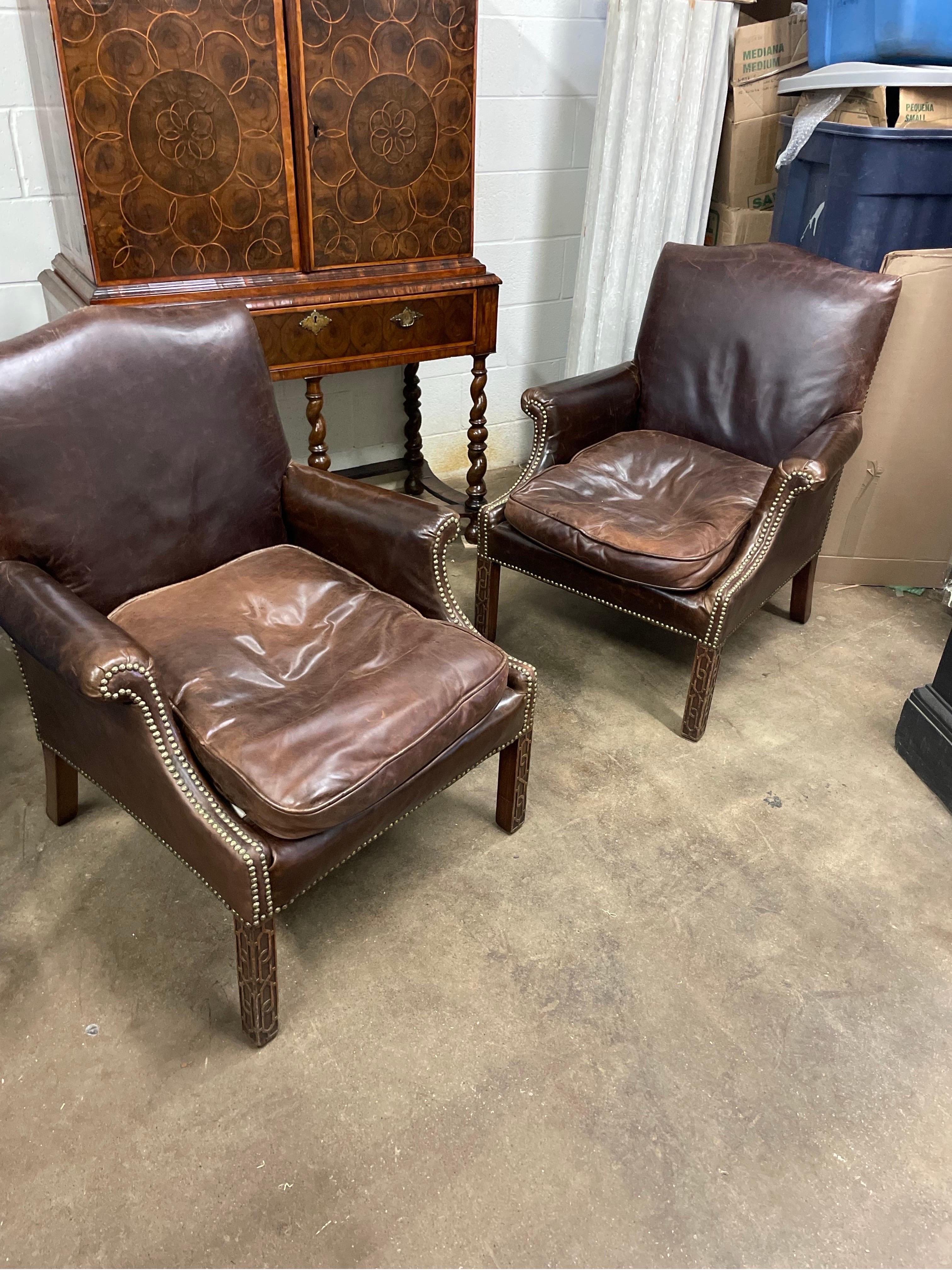 Pair George III style upholstered leather brass nailed armchairs For Sale 5