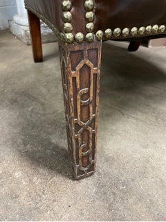 Pair George III style upholstered leather brass nailed armchairs