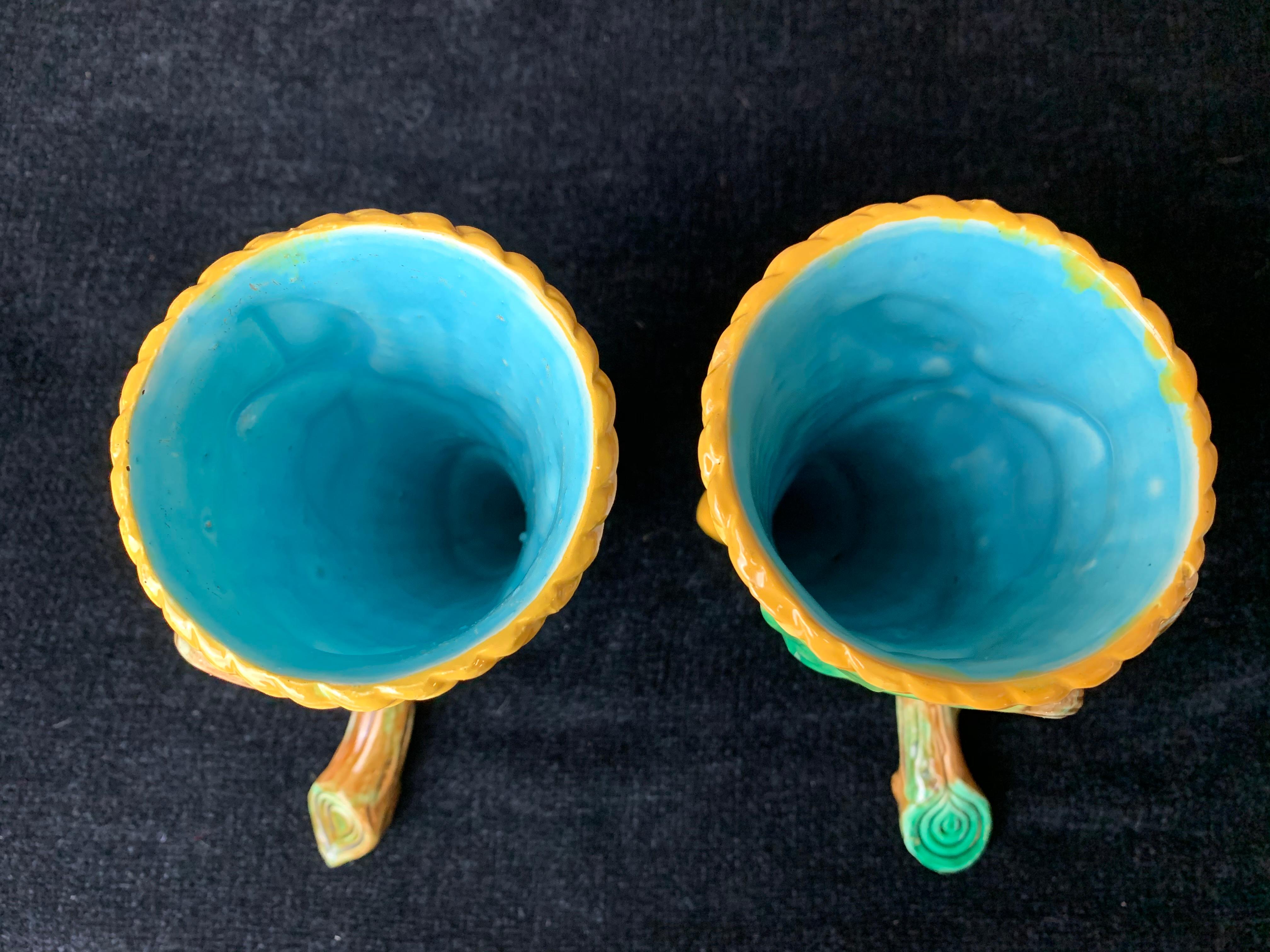 Pair George Jones Majolica Vases White Wicker, Turquoise Lined, English, 1875 In Good Condition For Sale In Banner Elk, NC