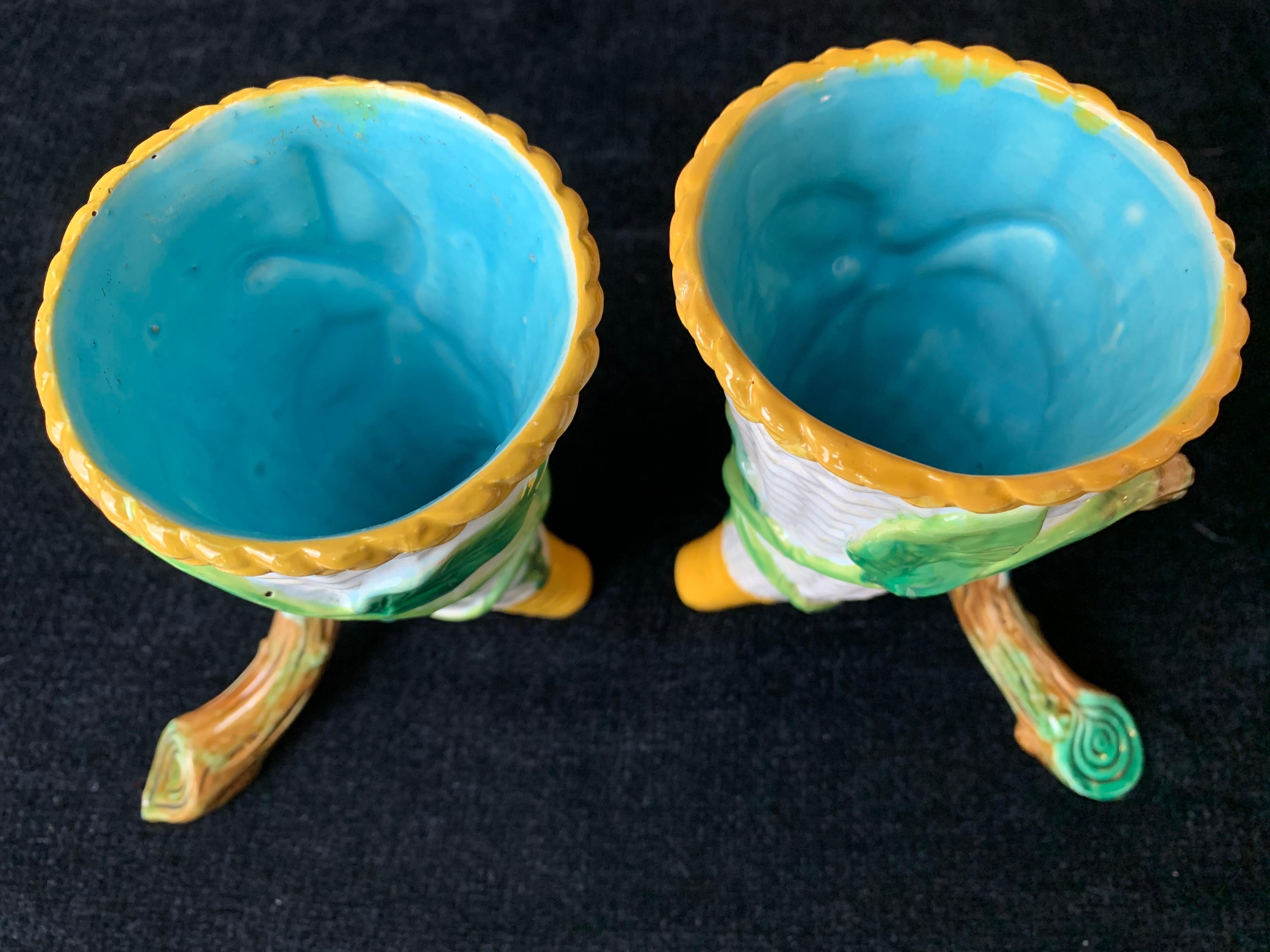 Pair George Jones Majolica Vases White Wicker, Turquoise Lined, English, 1875 For Sale 1