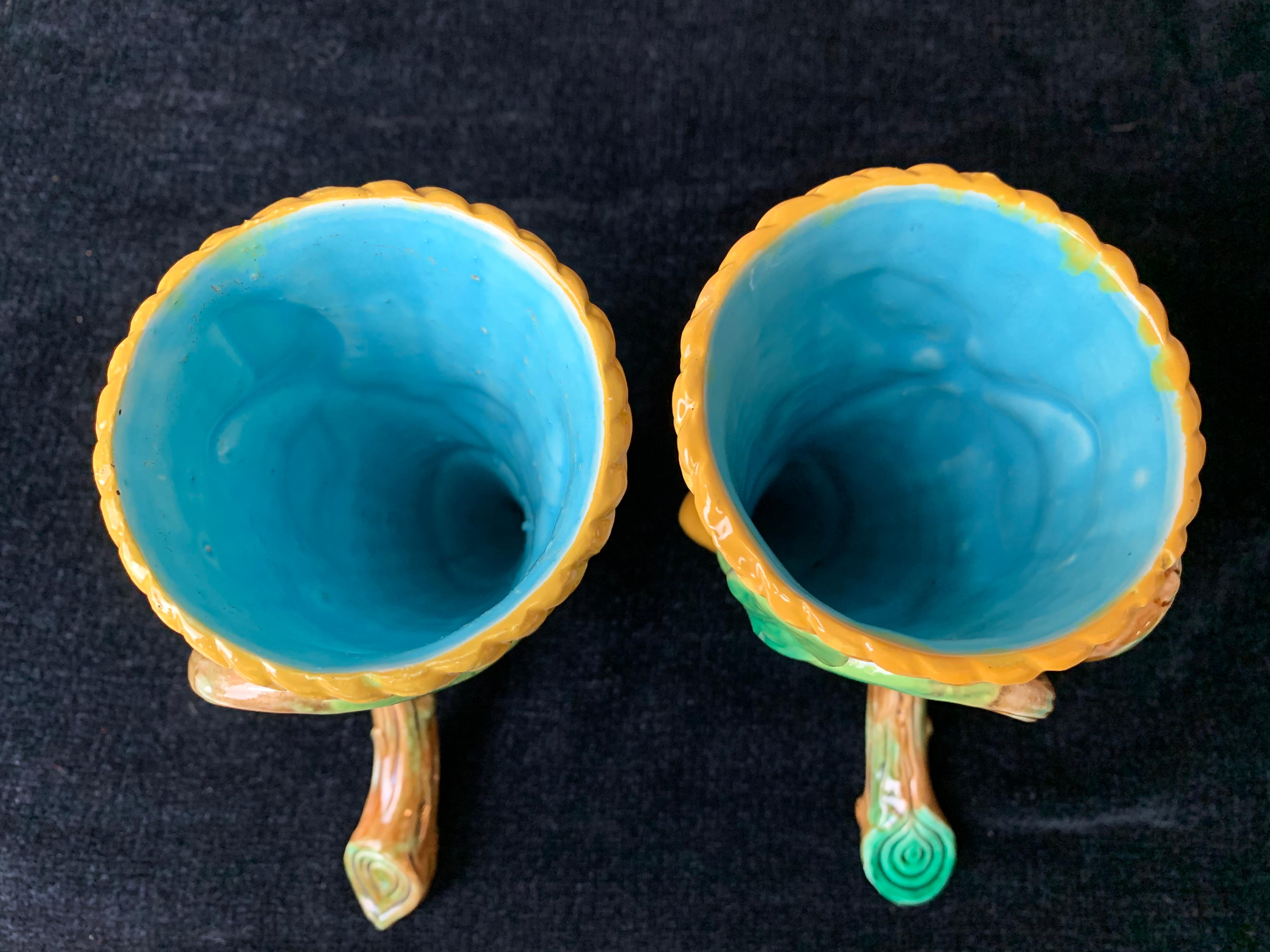 Pair George Jones Majolica Vases White Wicker, Turquoise Lined, English, 1875 For Sale 2