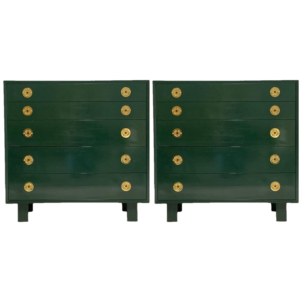 George Nelson for Herman Miller Green Lacquer 5-Drawer Chests or Dressers, Pair
