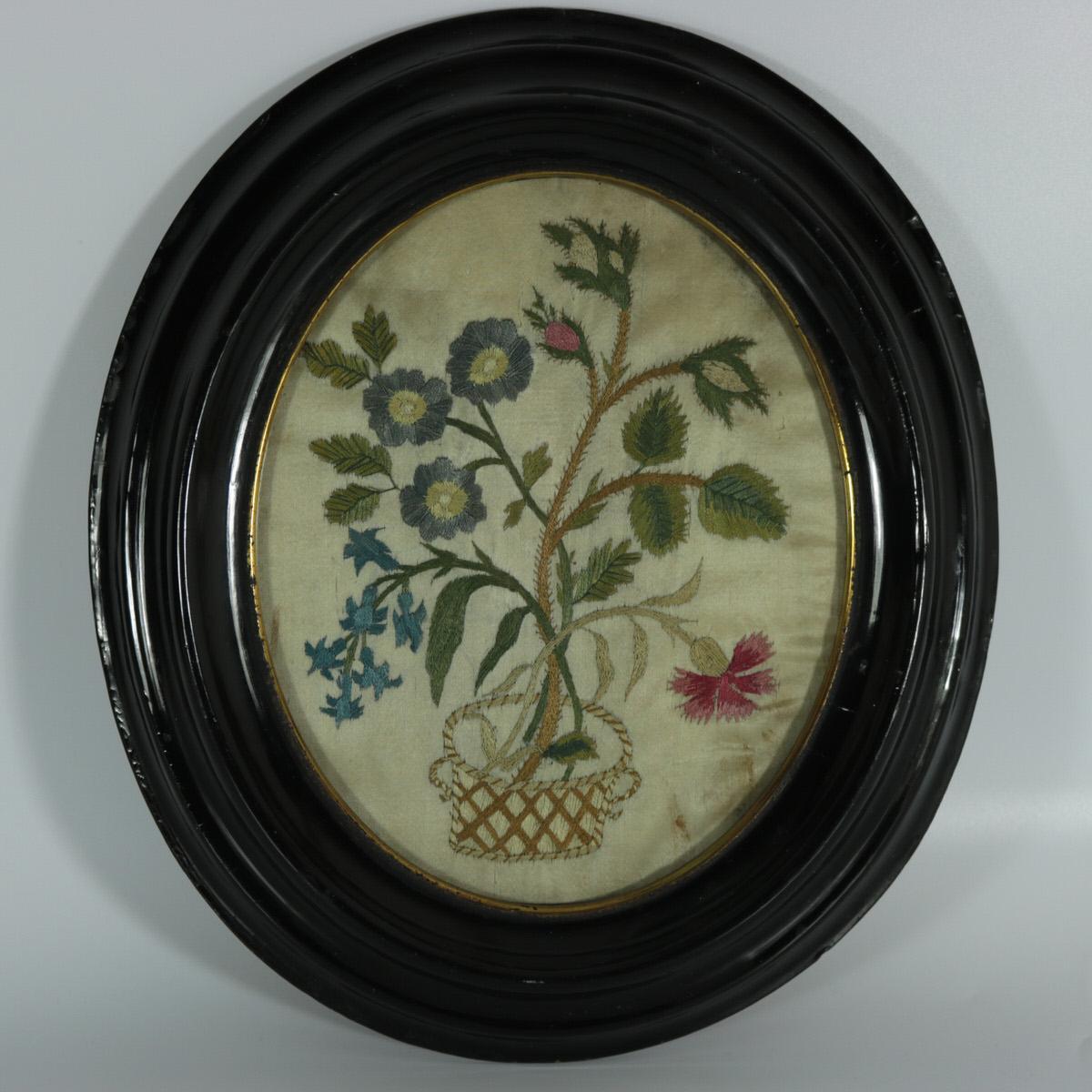 British Pair of Georgian Antique Silkwork Floral Embroideries