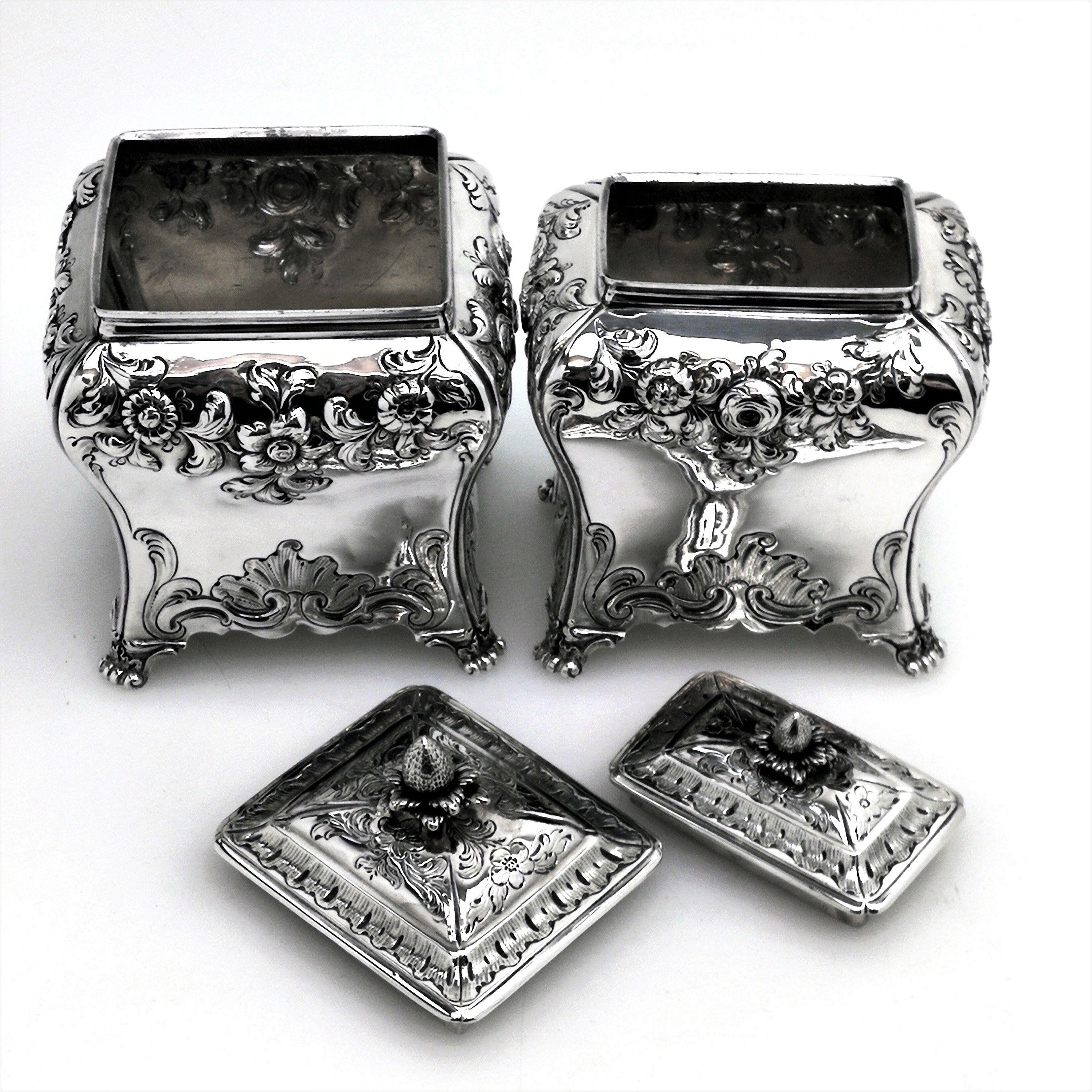 English Pair of Georgian Antique Sterling Silver Tea Caddies 1761 Tea Caddy Boxes