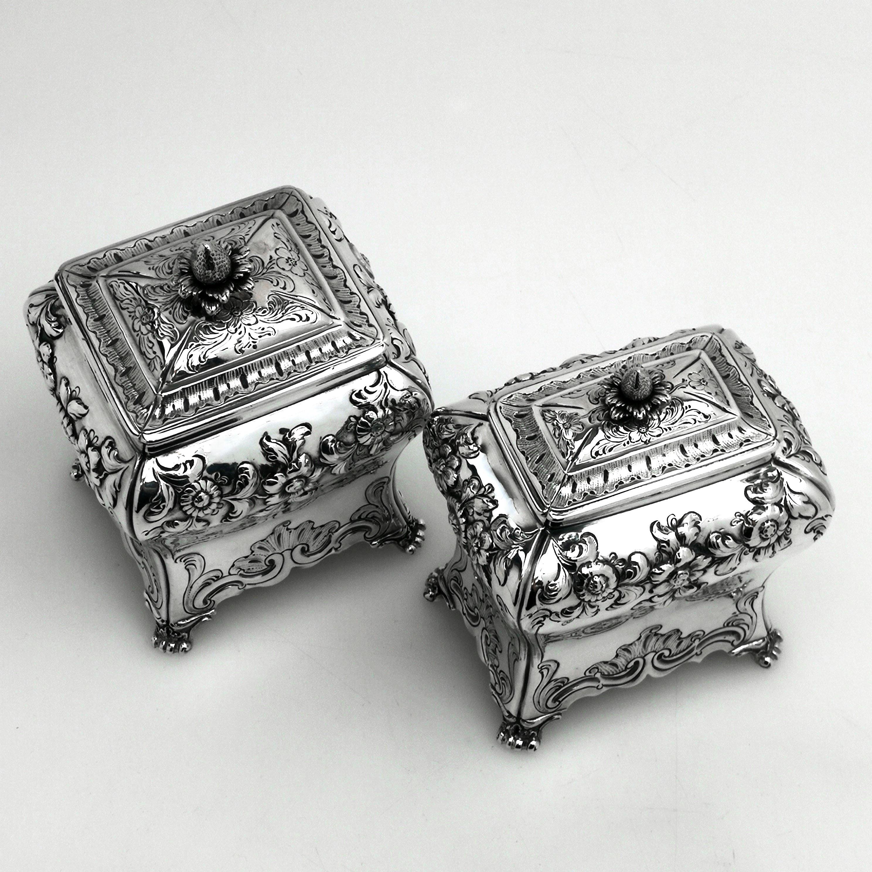 18th Century Pair of Georgian Antique Sterling Silver Tea Caddies 1761 Tea Caddy Boxes