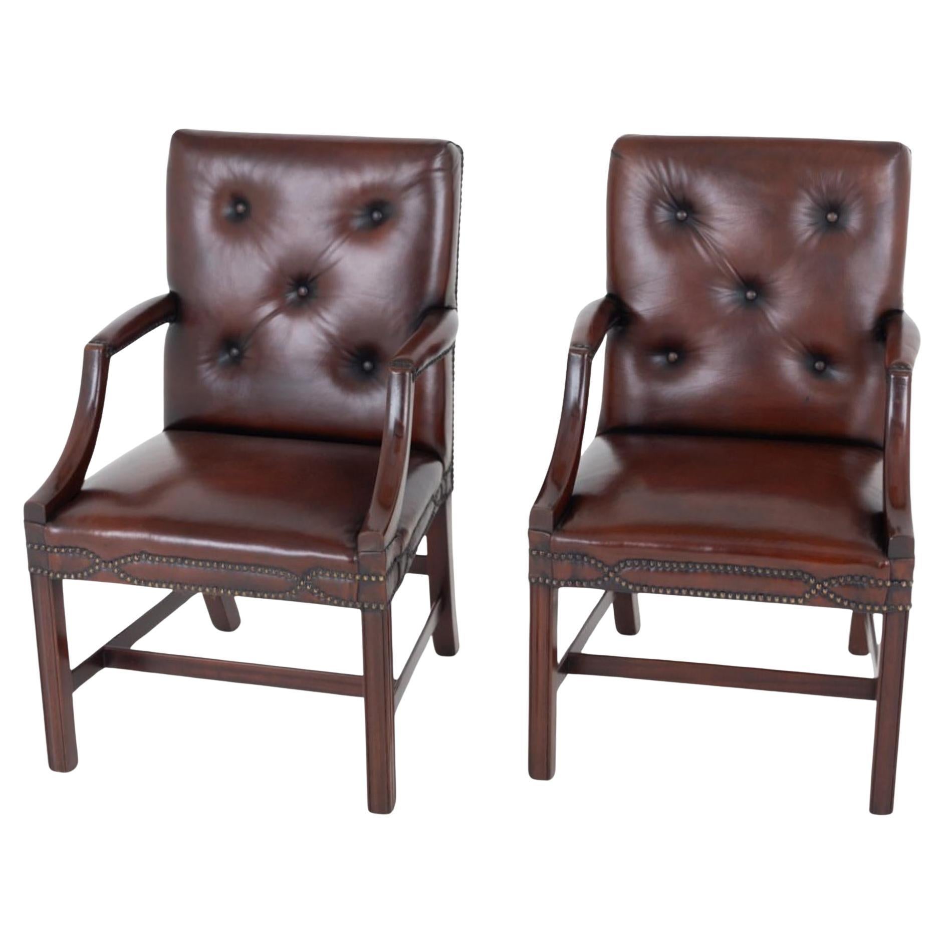Pair Georgian Gainsborough Arm Chairs Leather Revival