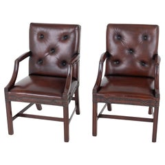 Pair Georgian Gainsborough Arm Chairs Leather Revival