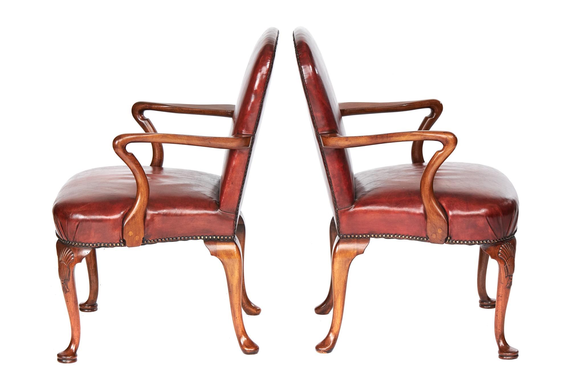 George I Pair Georgian Revival Walnut & Leather Open Elbow Chairs, circa 1920s For Sale