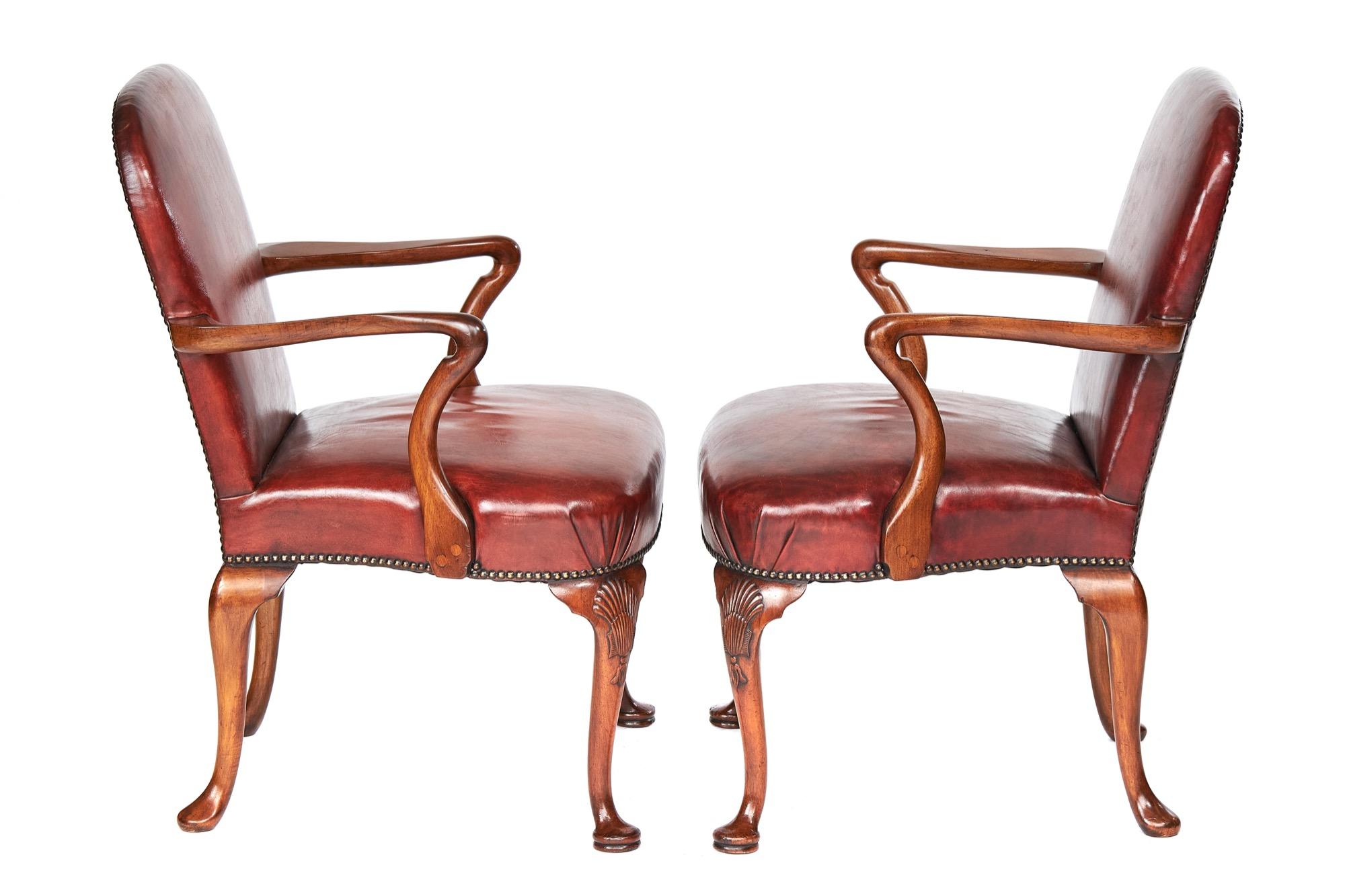 English Pair Georgian Revival Walnut & Leather Open Elbow Chairs, circa 1920s For Sale