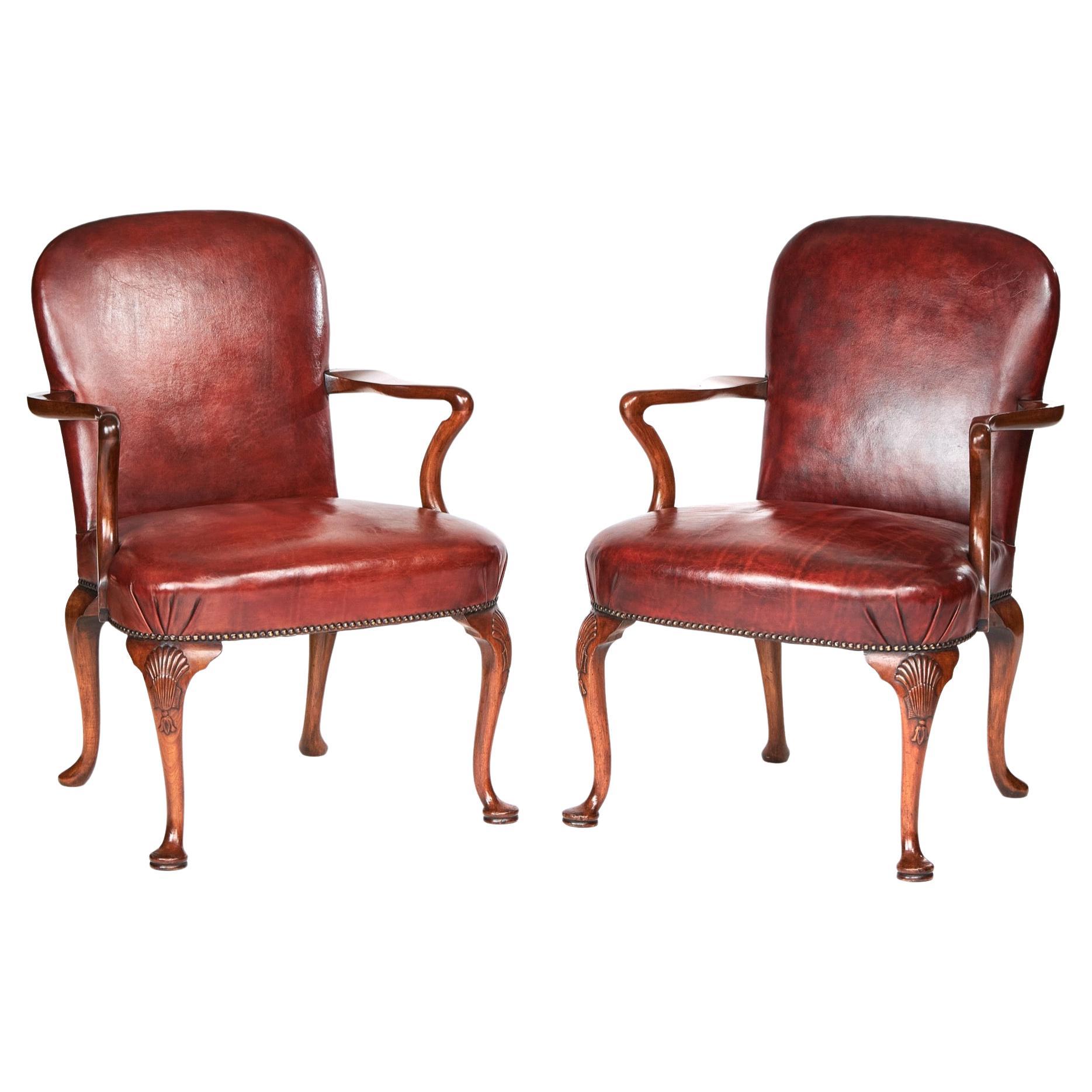 Pair Georgian Revival Walnut & Leather Open Elbow Chairs, circa 1920s For Sale
