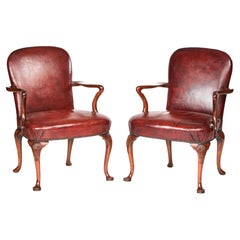 Pair Georgian Revival Walnut & Leather Open Elbow Chairs, circa 1920s
