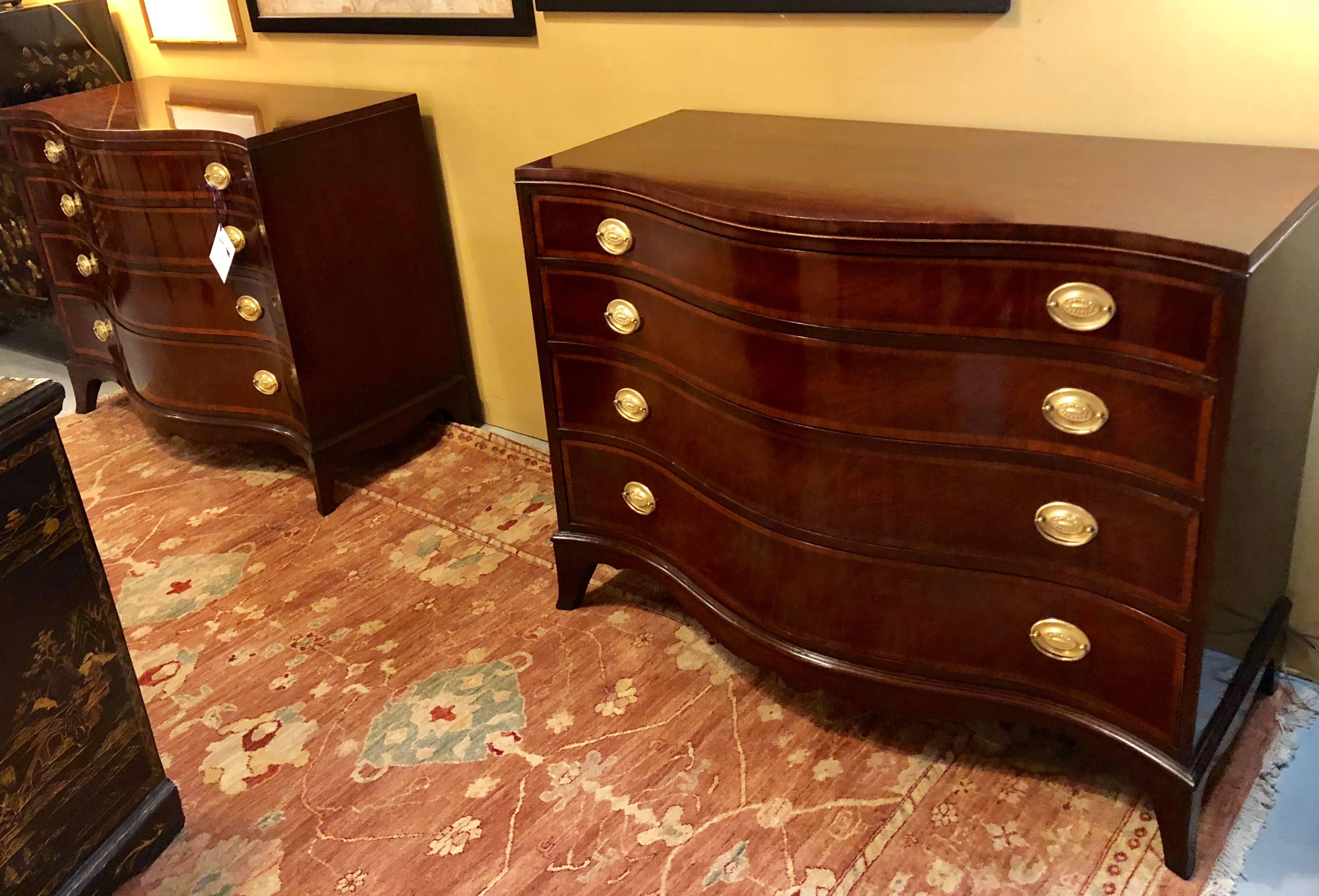 Pair of Georgian Style Banded Mahogany Serpentine Front Commodes by Fancher Furn 12