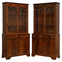 PAIR GEORGIAN STYLE DISPLAY CABINETS BOOKCASES WITH BRASS LiON HANDLES