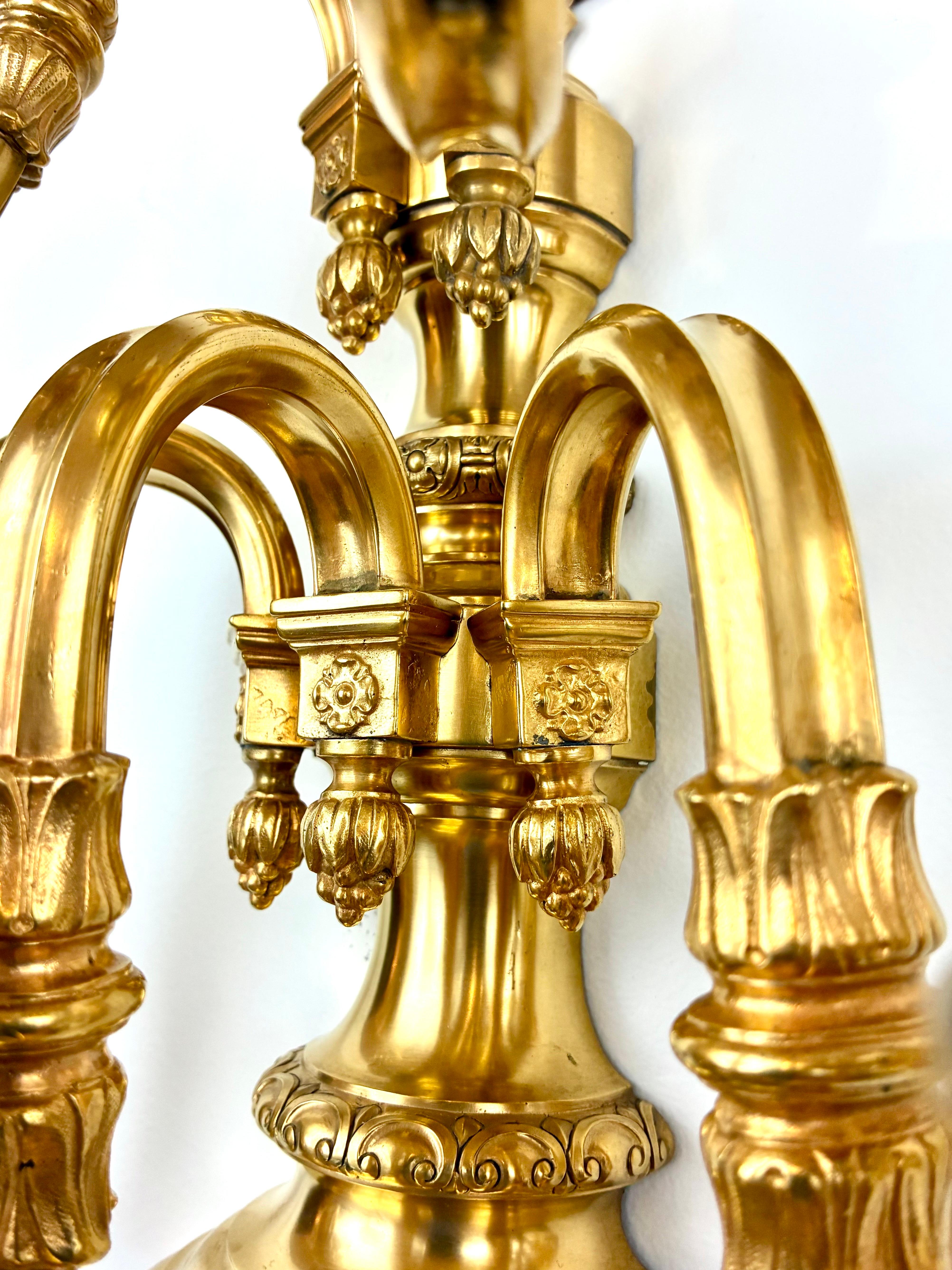 Pair Georgian Style Gild Bronze 5 Light Sconces by E F Caldwell In Good Condition For Sale In Pittsburgh, PA