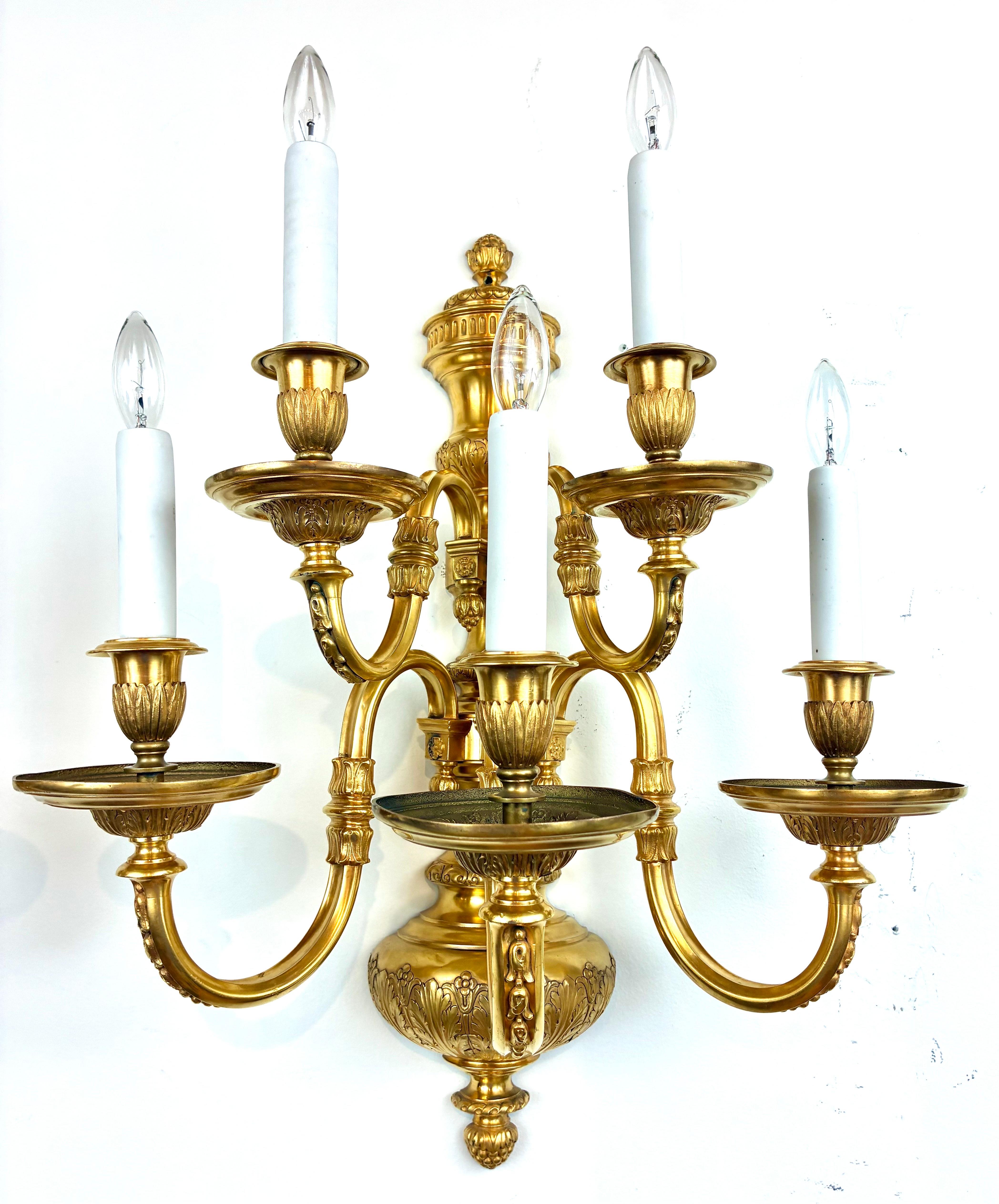 Pair Georgian Style Gild Bronze 5 Light Sconces by E F Caldwell For Sale 2