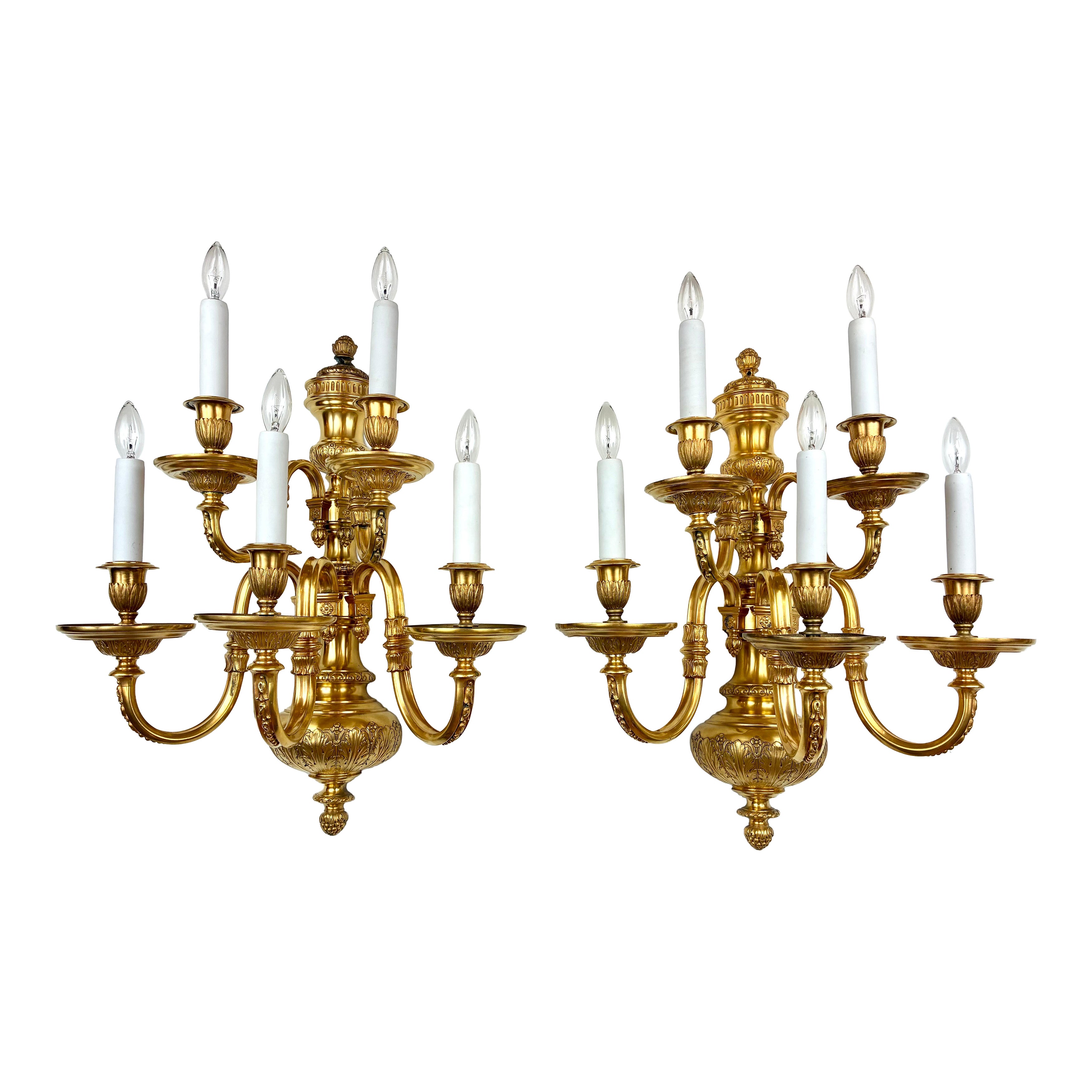 Pair Georgian Style Gild Bronze 5 Light Sconces by E F Caldwell For Sale