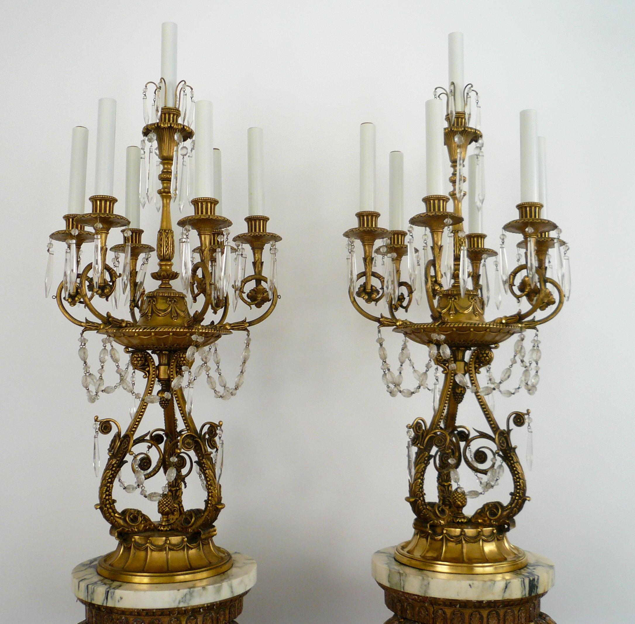 Georgian Style Giltwood Marble, Bronze & Crystal Torcheres by E F Caldwell, Pair For Sale 4