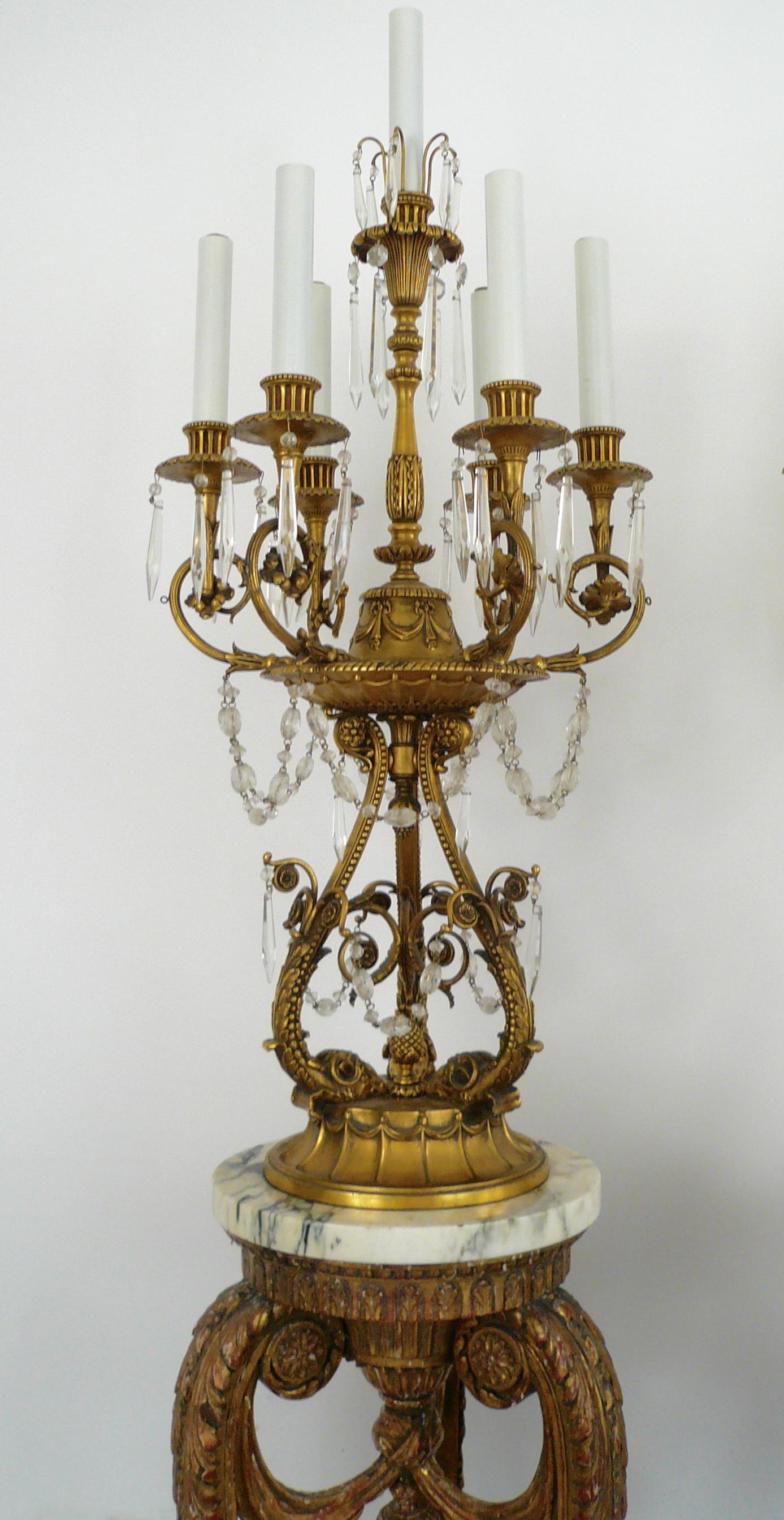 Georgian Style Giltwood Marble, Bronze & Crystal Torcheres by E F Caldwell, Pair For Sale 5