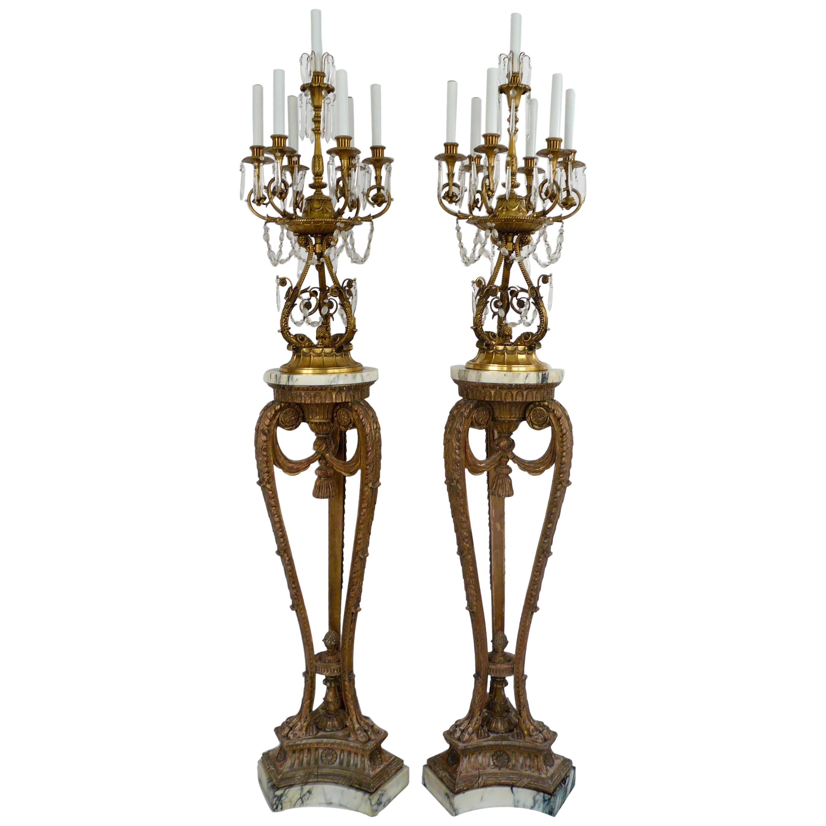 Georgian Style Giltwood Marble, Bronze & Crystal Torcheres by E F Caldwell, Pair For Sale