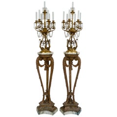 Antique Georgian Style Giltwood Marble, Bronze & Crystal Torcheres by E F Caldwell, Pair