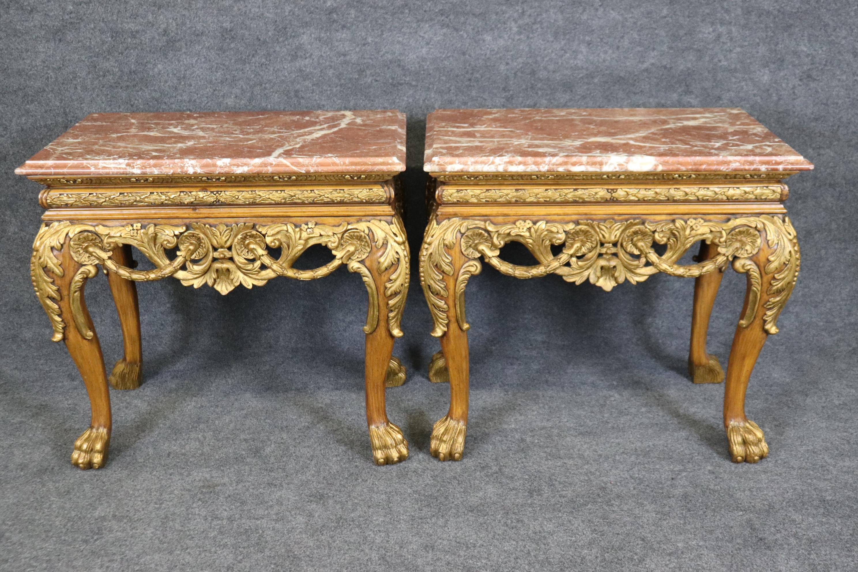 Unknown Pair Georgian Style Maitland Smith Quality Gilded Walnut Marble Top end tables