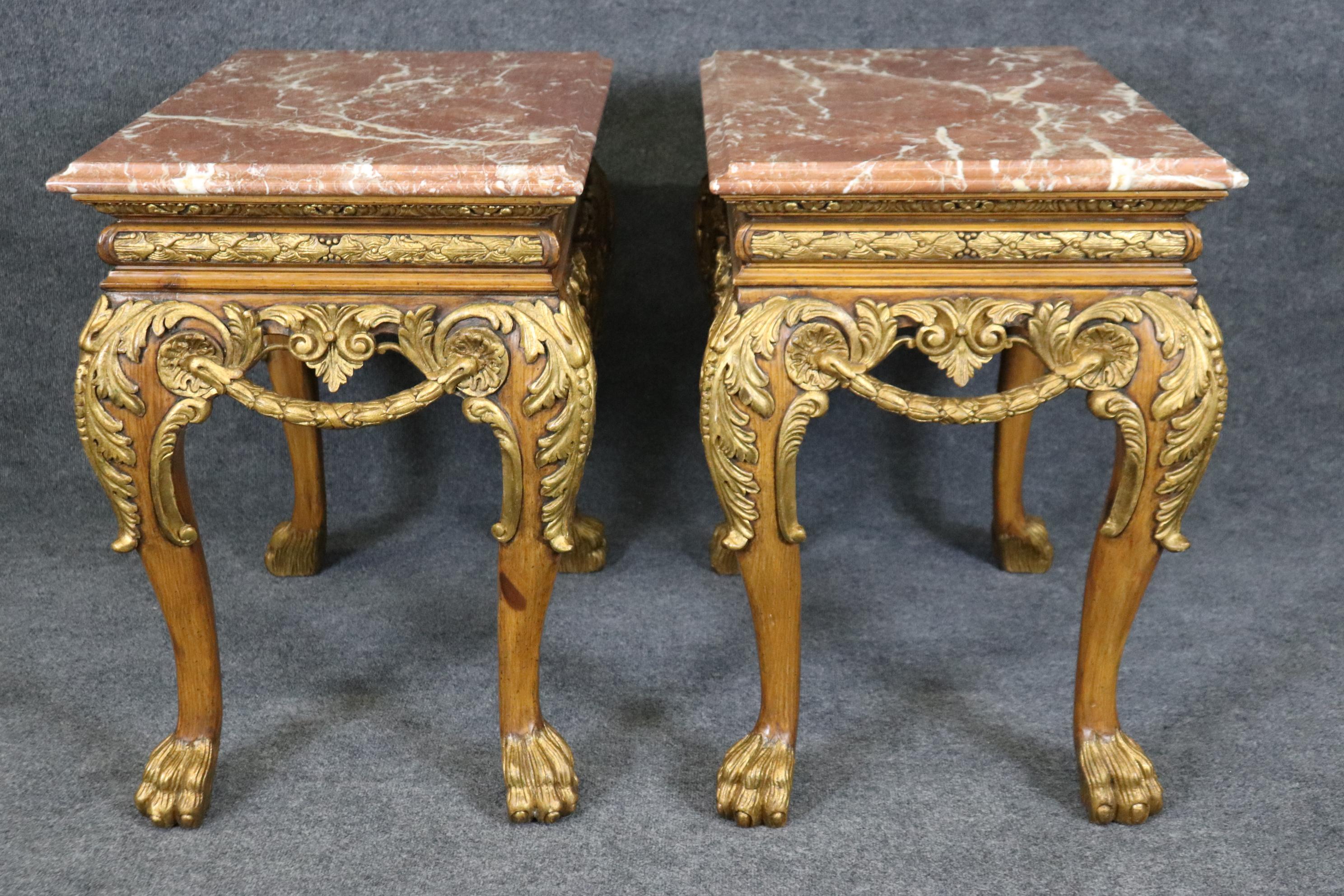 Pair Georgian Style Maitland Smith Quality Gilded Walnut Marble Top end tables In Good Condition In Swedesboro, NJ