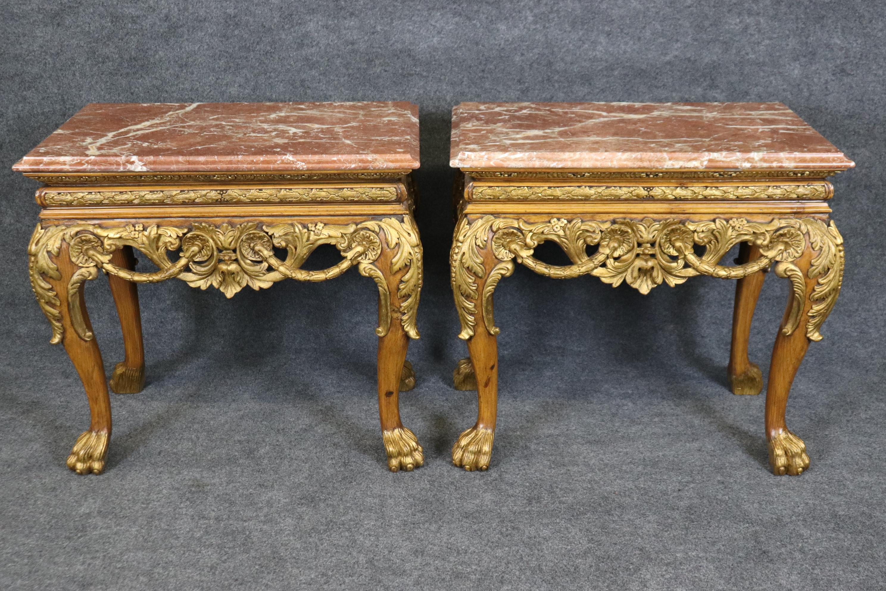 Contemporary Pair Georgian Style Maitland Smith Quality Gilded Walnut Marble Top end tables